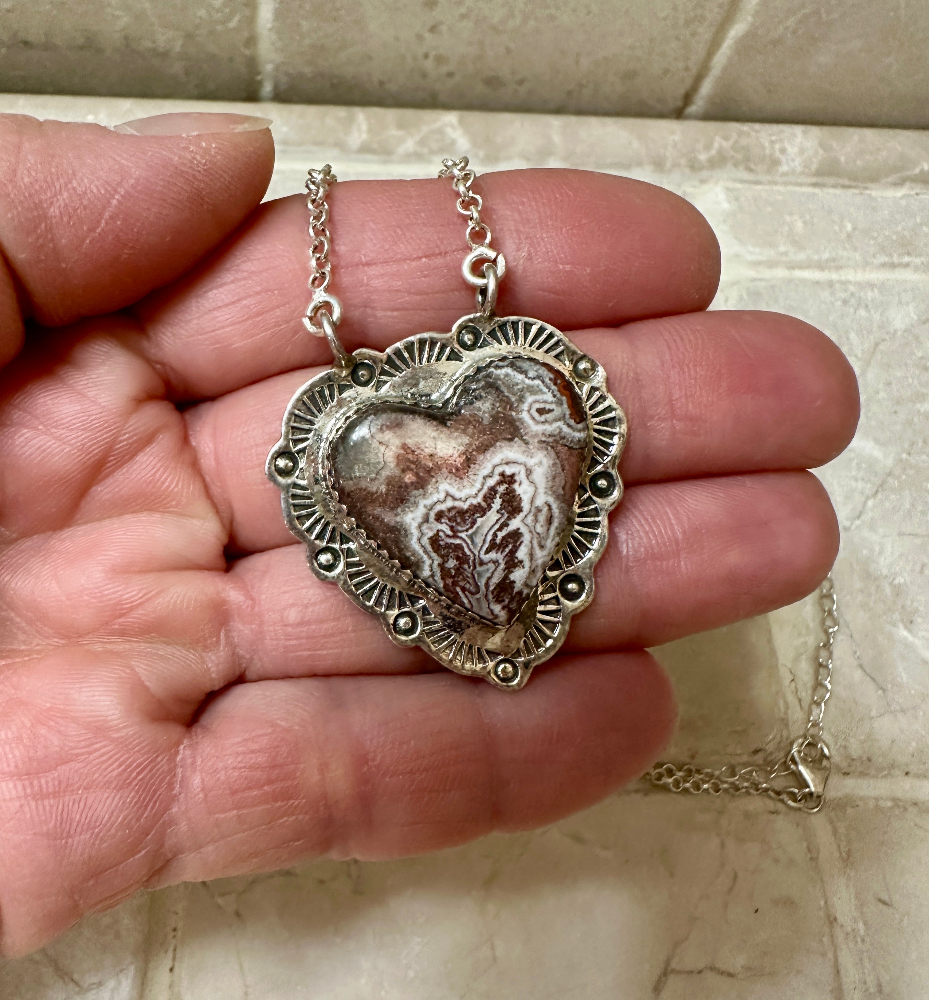 Ocean Jasper Heart Pendant w/ Sterling Silver Necklace