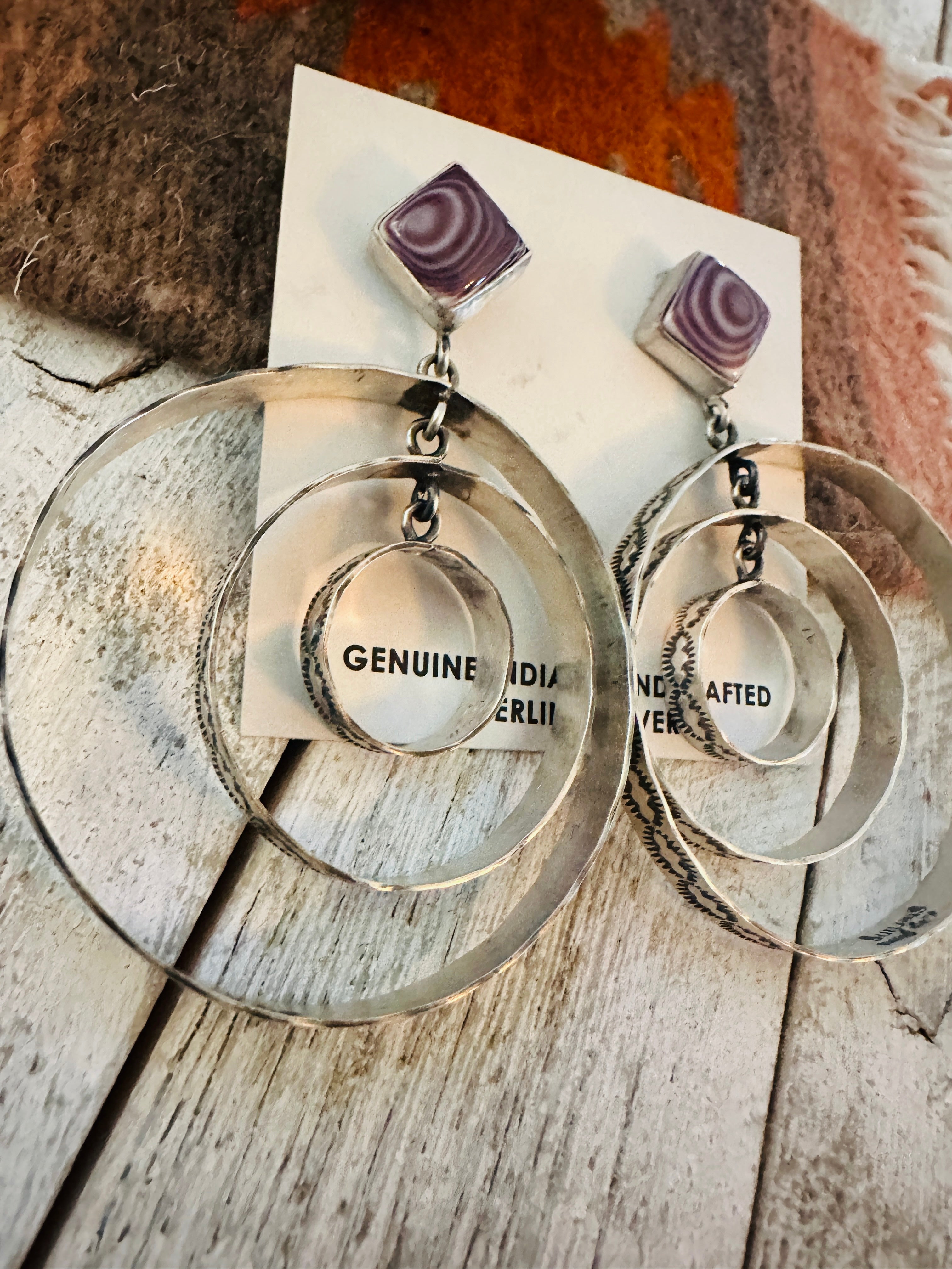 Navajo Sterling Silver & Charoite Dangle Hoop Earrings