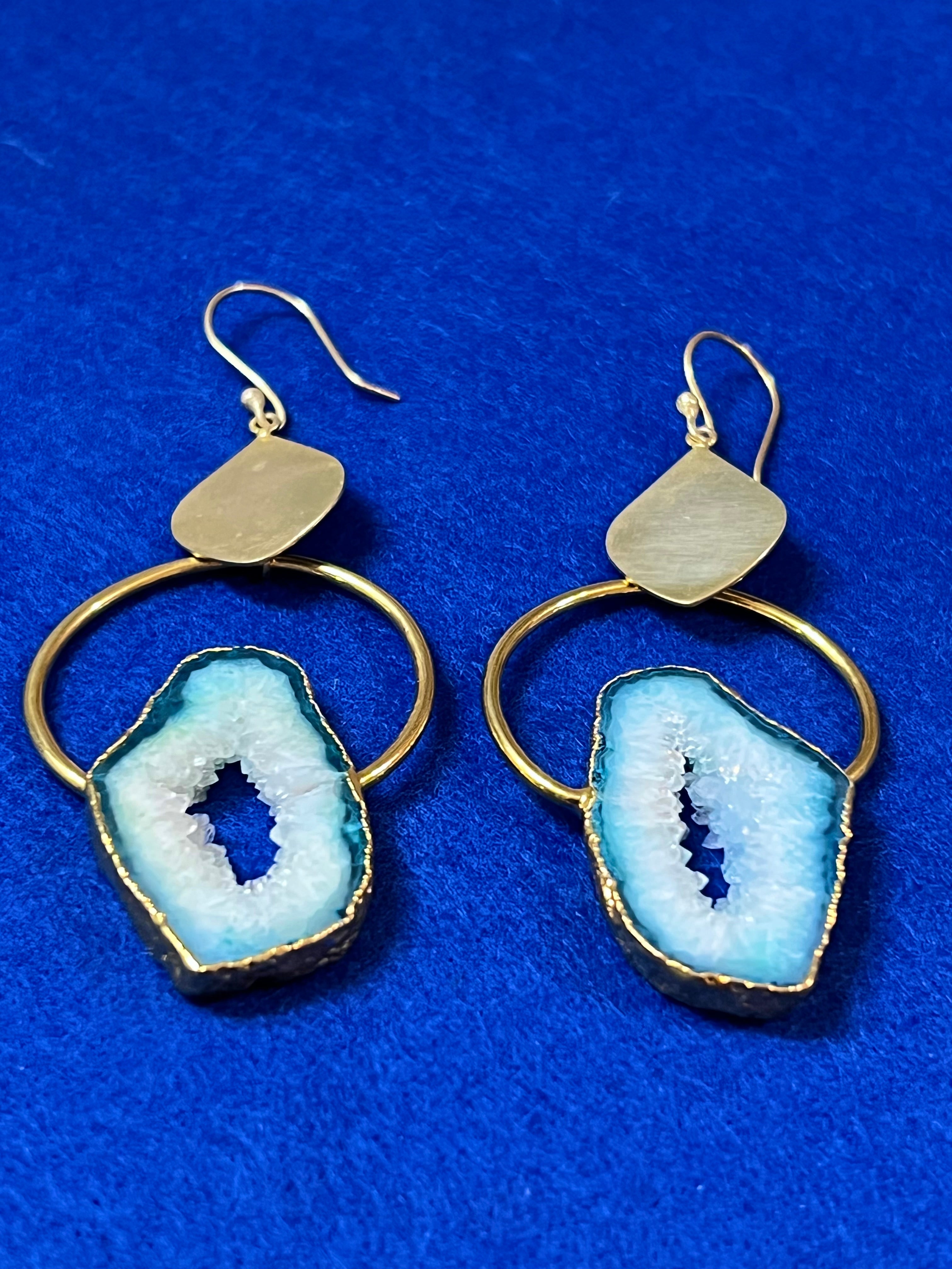 Handmade 14k Gold Druzy Plated Brass Blue Geode Wire Dangle Hoop Earrings