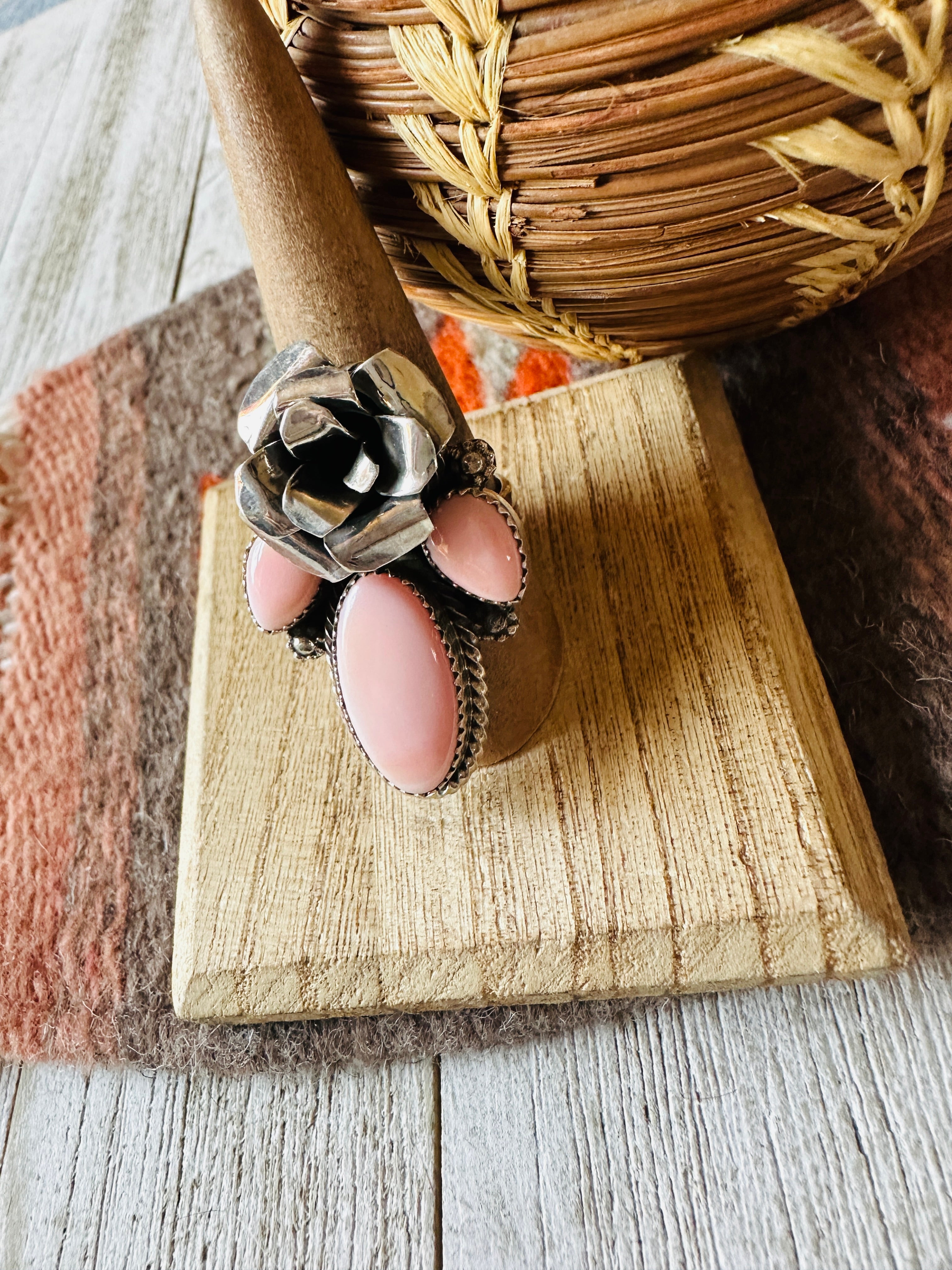 Handcrafted Sterling Silver & Queen Pink Conch Rose Adjustable Ring