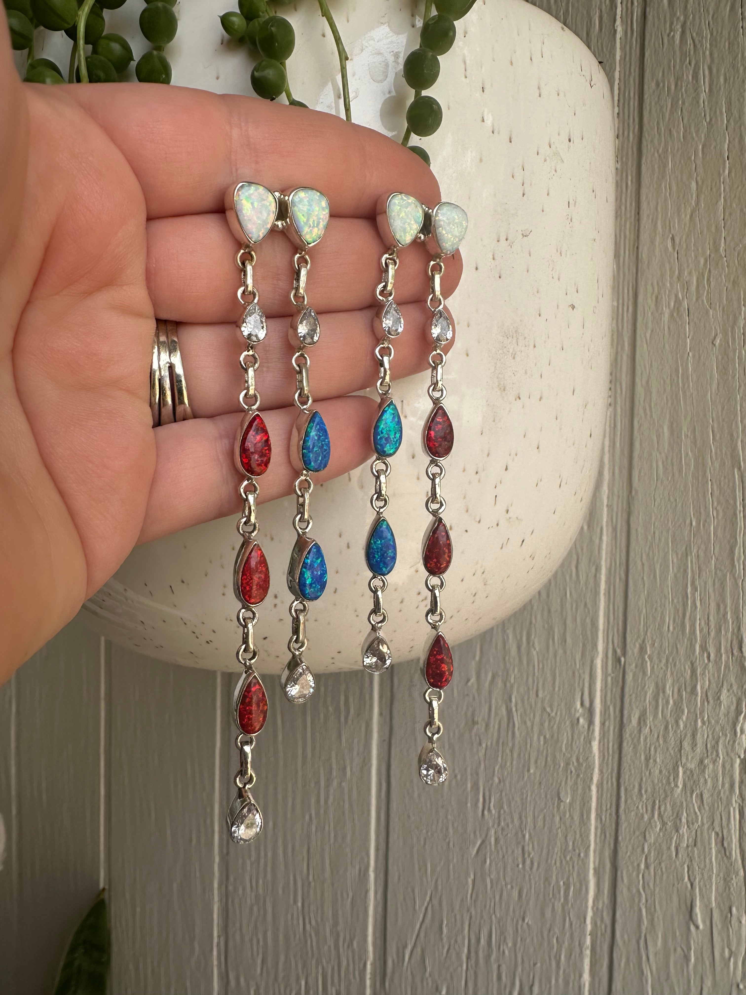 4th Of July Handmade Red, White & Blue Fire Opal and Sterling Silver Statement Dangles