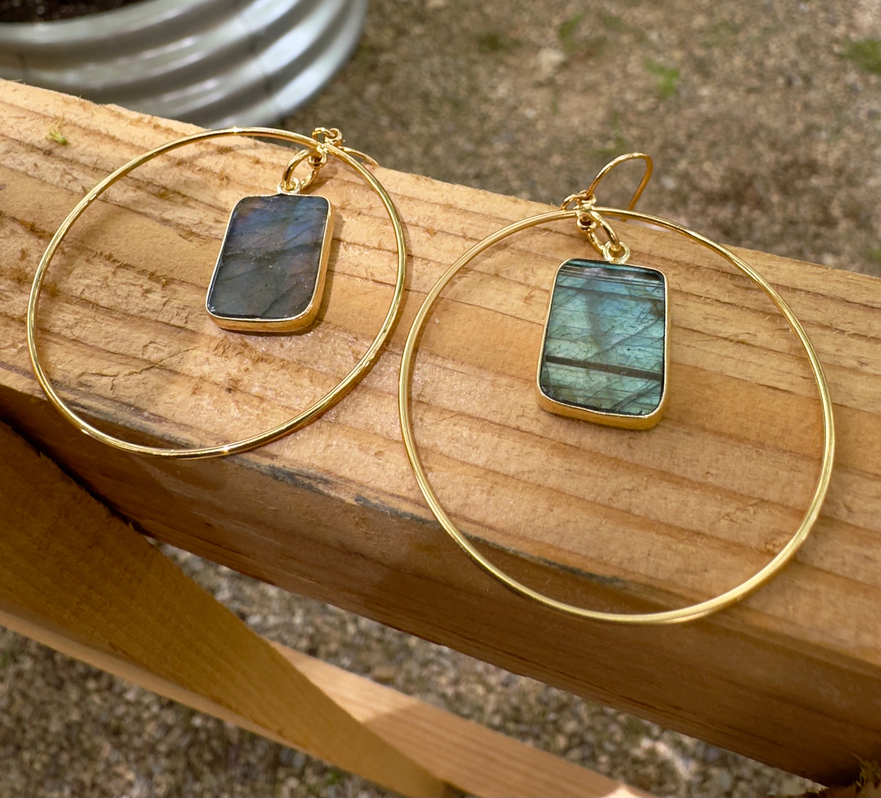 “The Golden Collection” Golden Hoops Handmade Labradorite & 14k Gold Plated Hoop Earrings