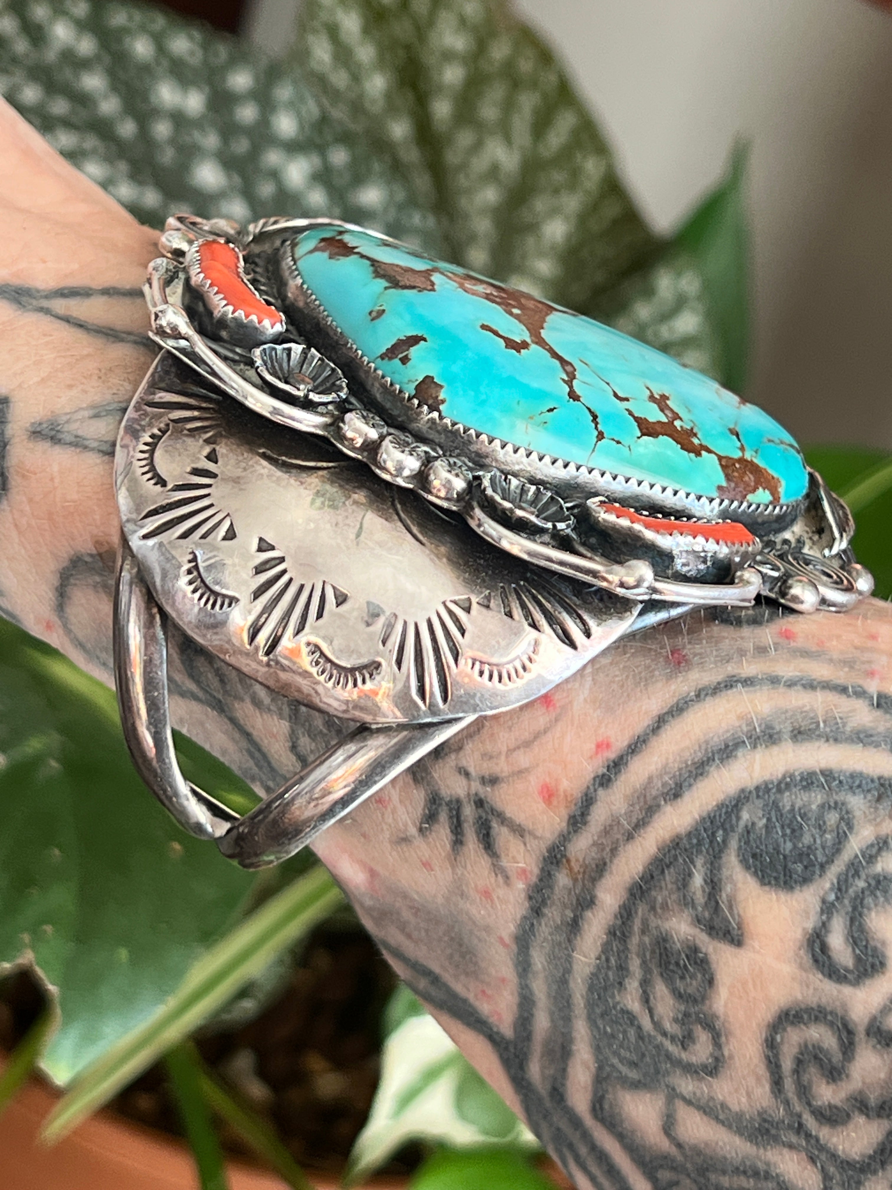 Handcrafted Vintage Sterling Silver, Turquoise and Coral Cuff Bracelet, Unsigned /