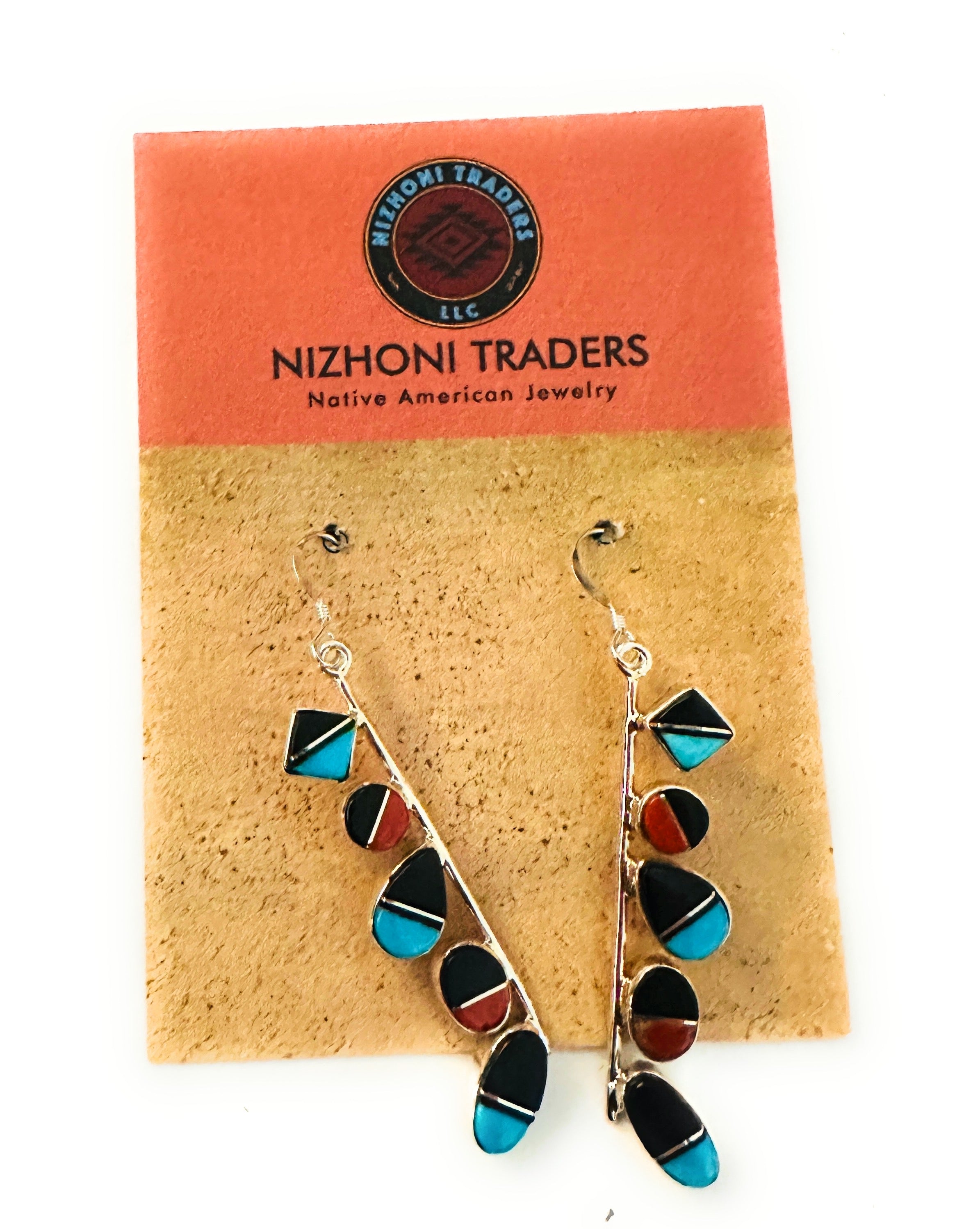 Navajo Multi Stone & Sterling Silver Inlay Dangle Earrings