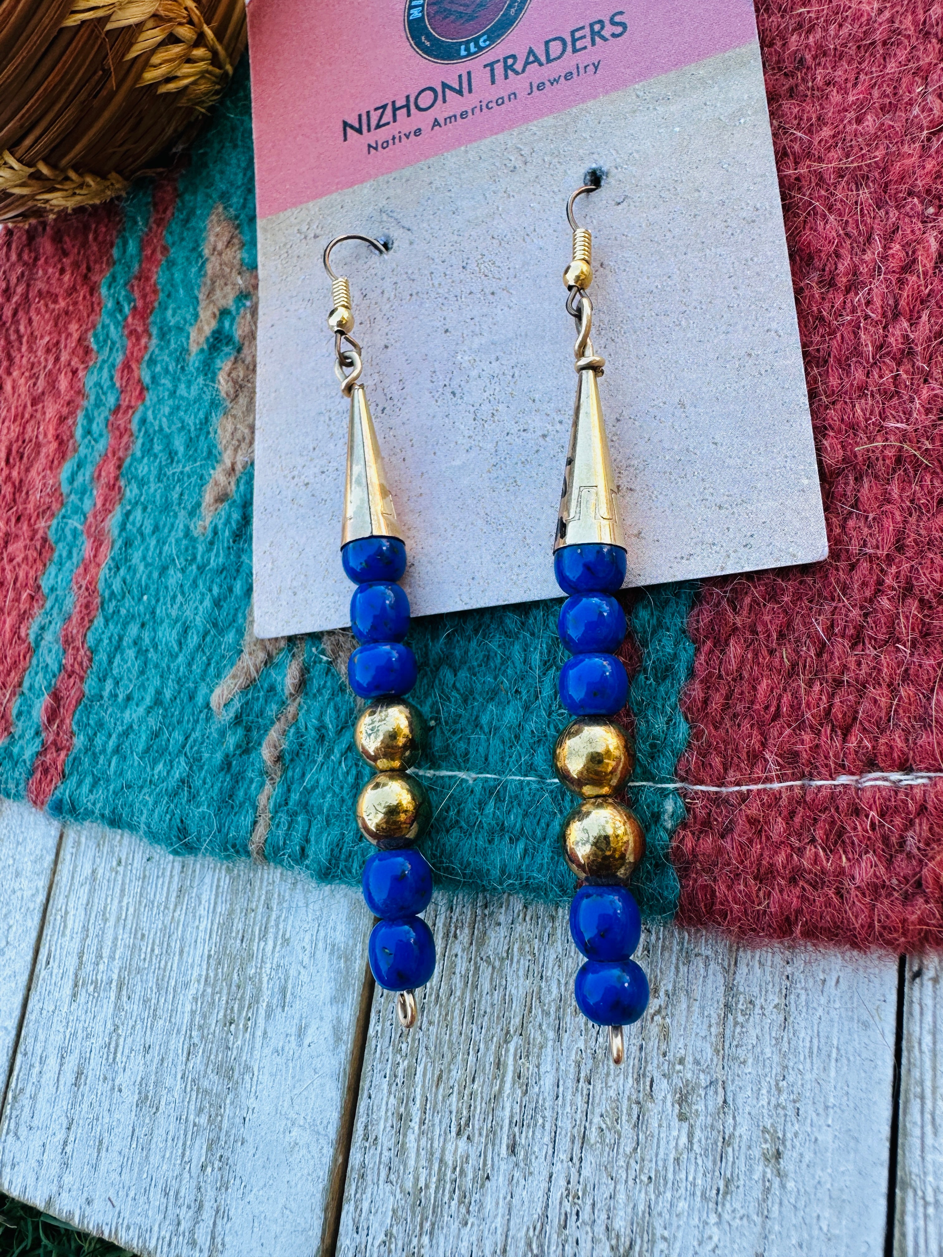 Handcrafted Old Pawn Gold Plated Sterling Silver and Lapis Beaded Dangle Earrings