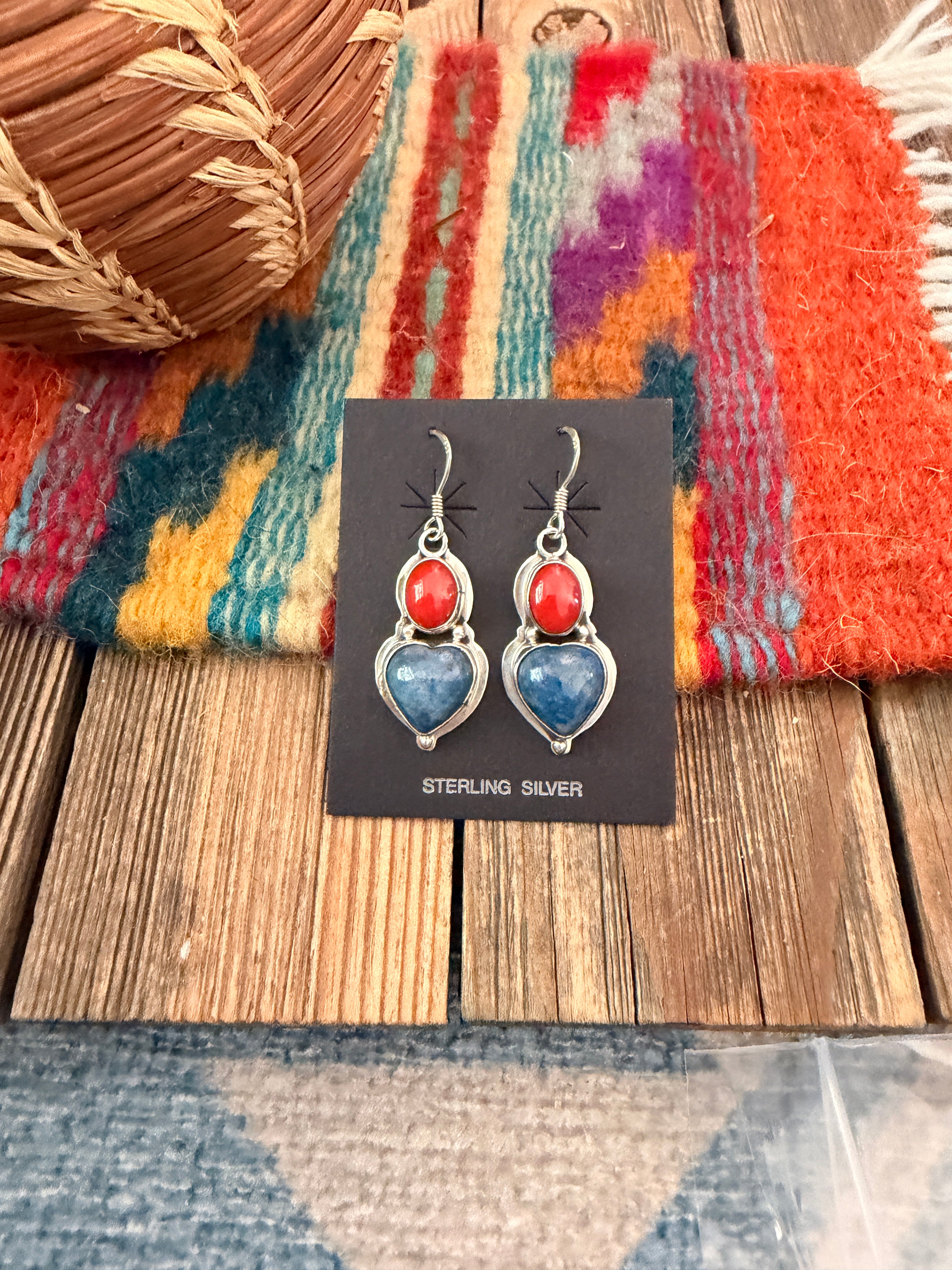 Handcrafted Lapis, Coral & Sterling Silver Heart Dangle Earrings