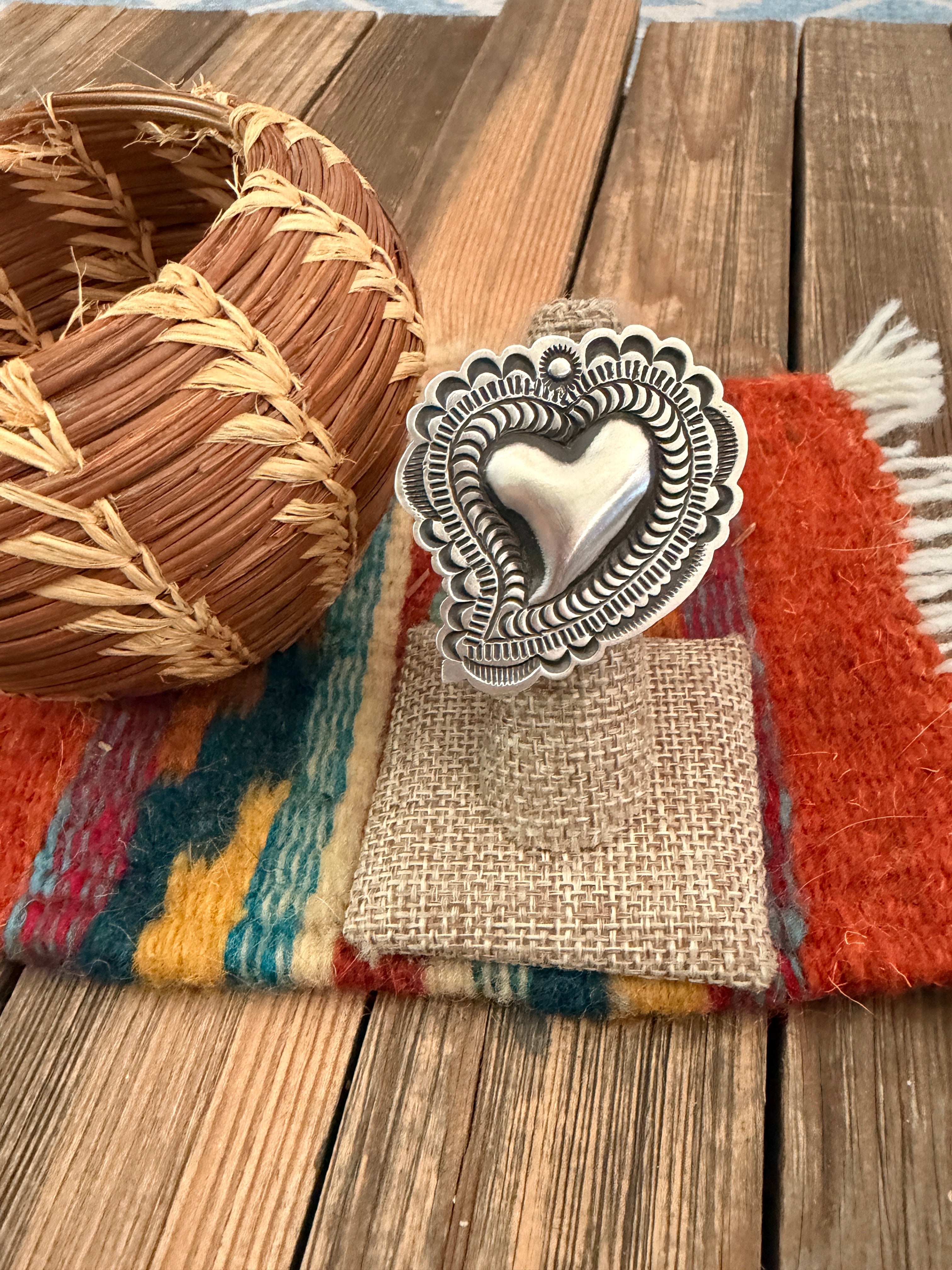 Handcrafted Sterling Silver Adjustable Heart Concho Ring by Leander Tahe