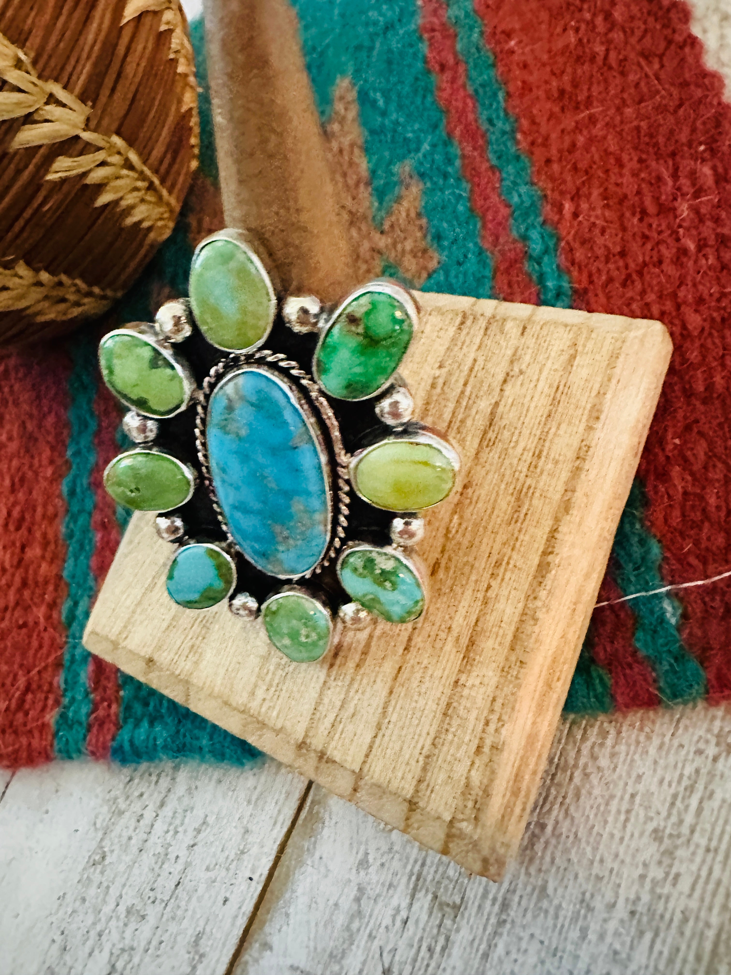 Navajo Sterling Silver & Multi Turquoise Cluster Adjustable Ring