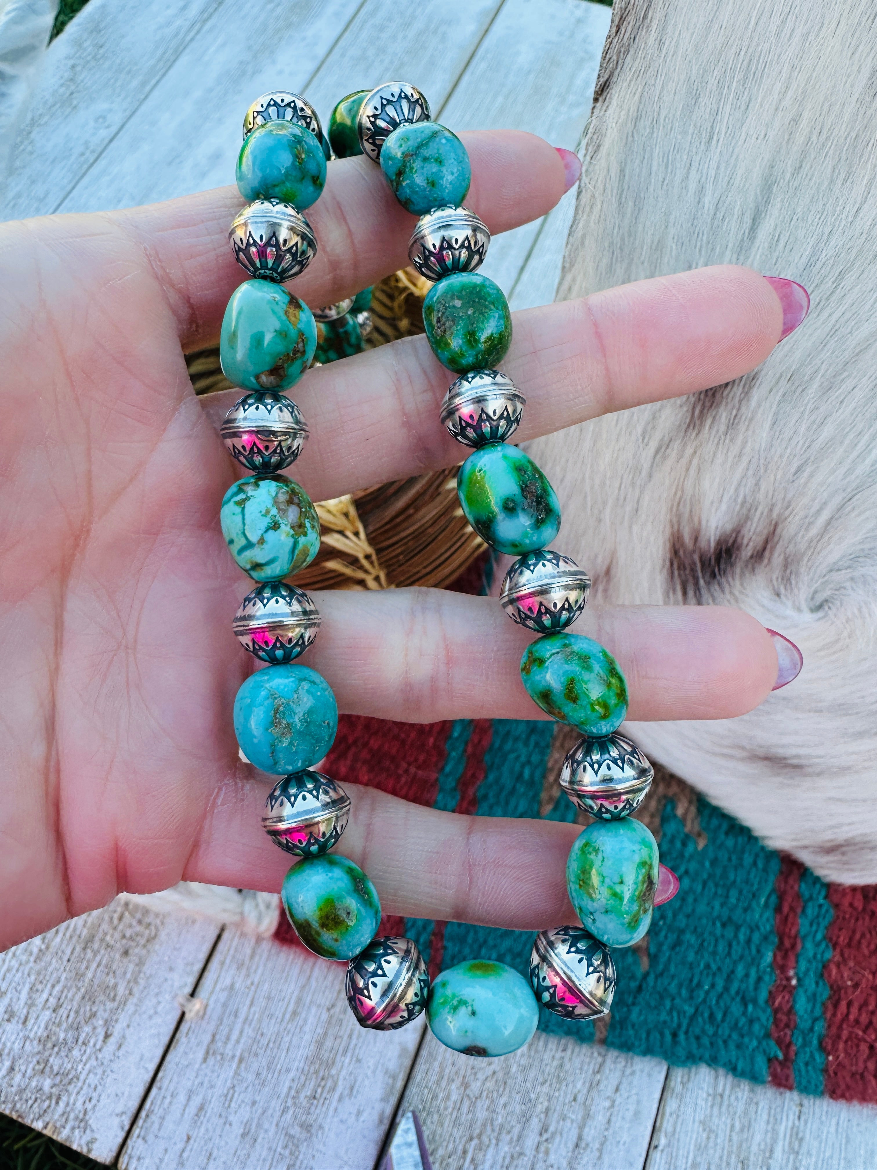 Handcrafted Sonoran Mountain Turquoise & Sterling Silver Pearl Beaded Necklace 16”