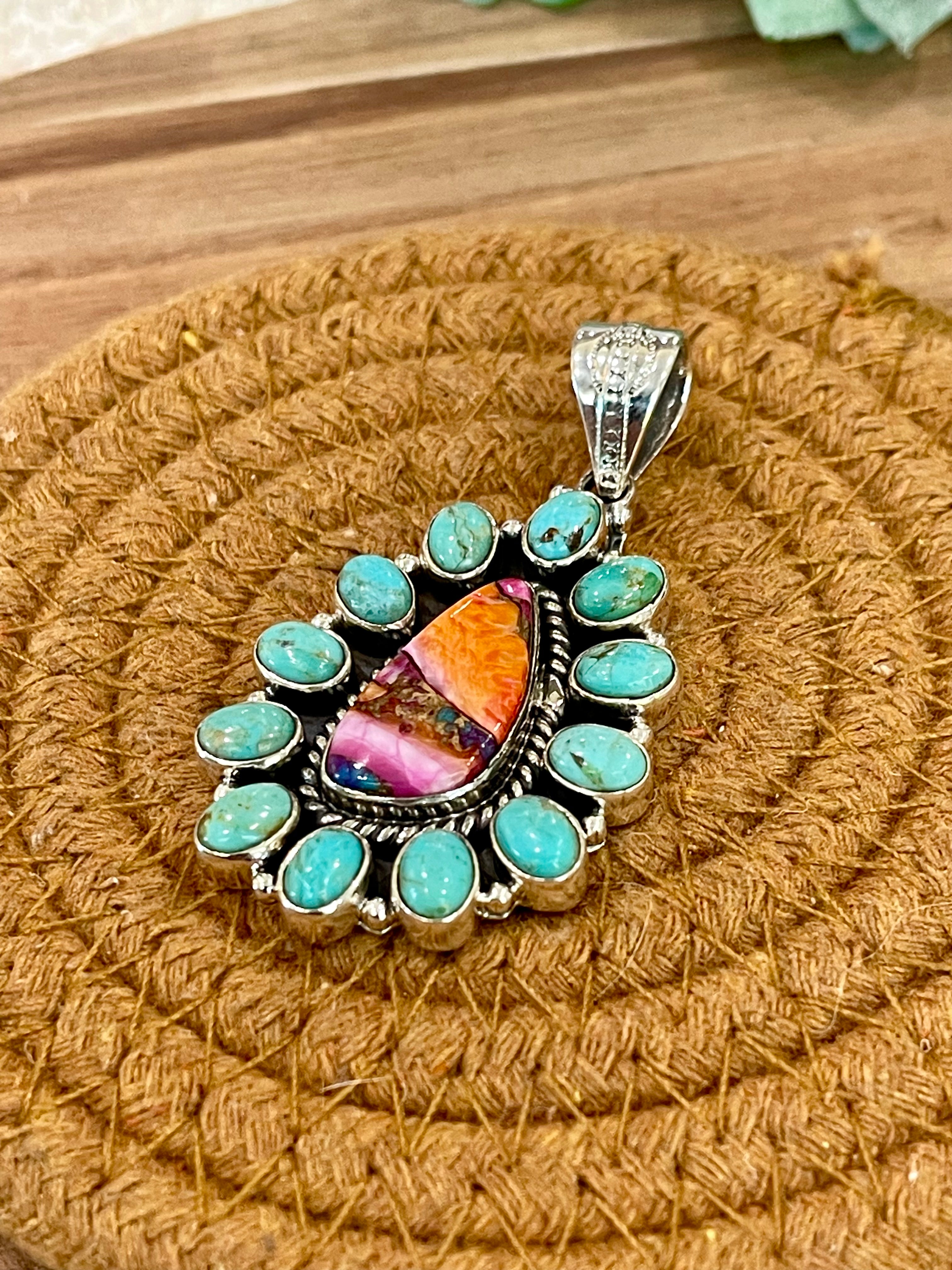 Handmade Sterling Silver,Turquoise & Pink Dream Mojave Cluster Pendant