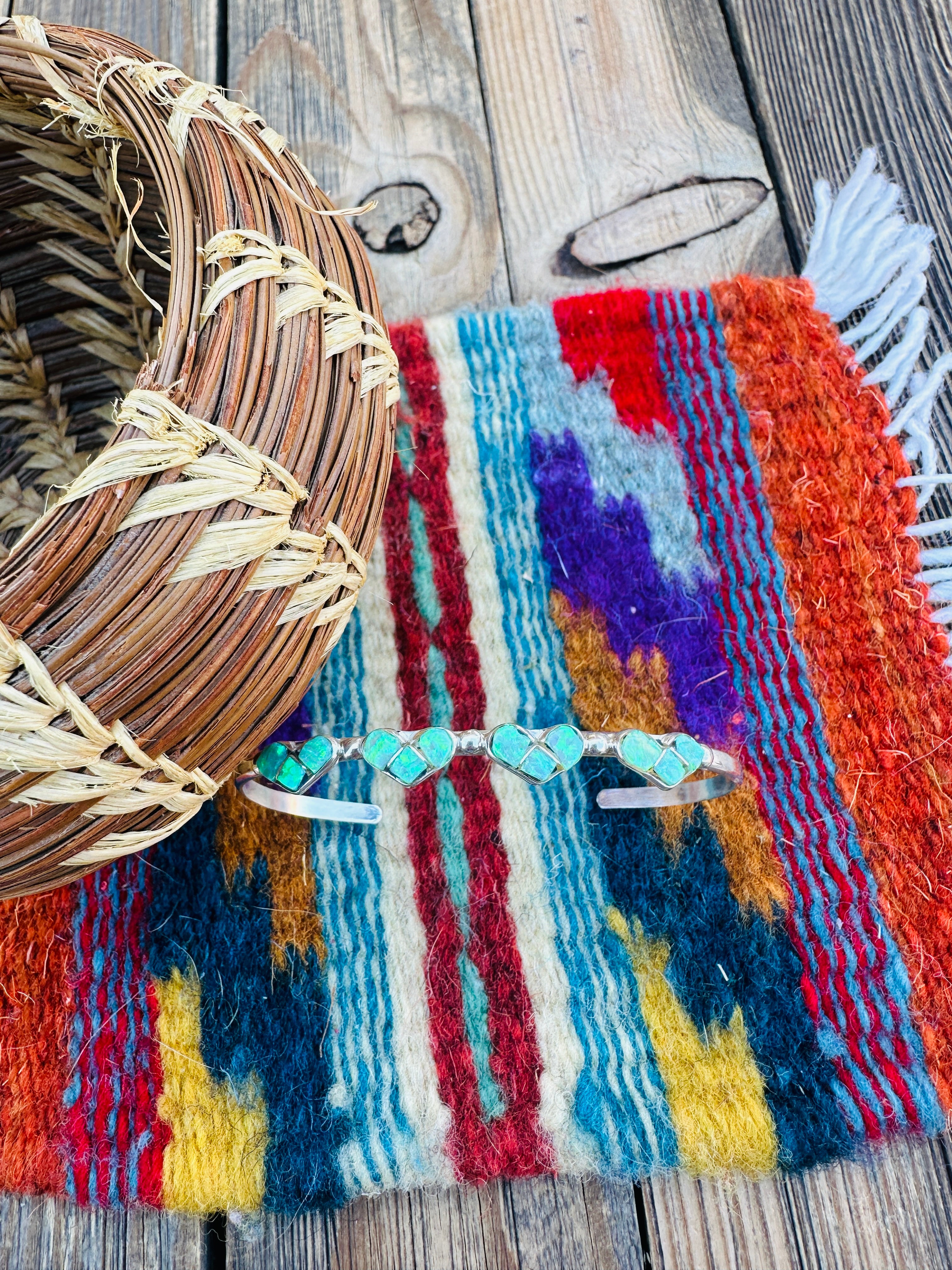Handcrafted Sterling Silver & Green Opal Heart Inlay Cuff Bracelet