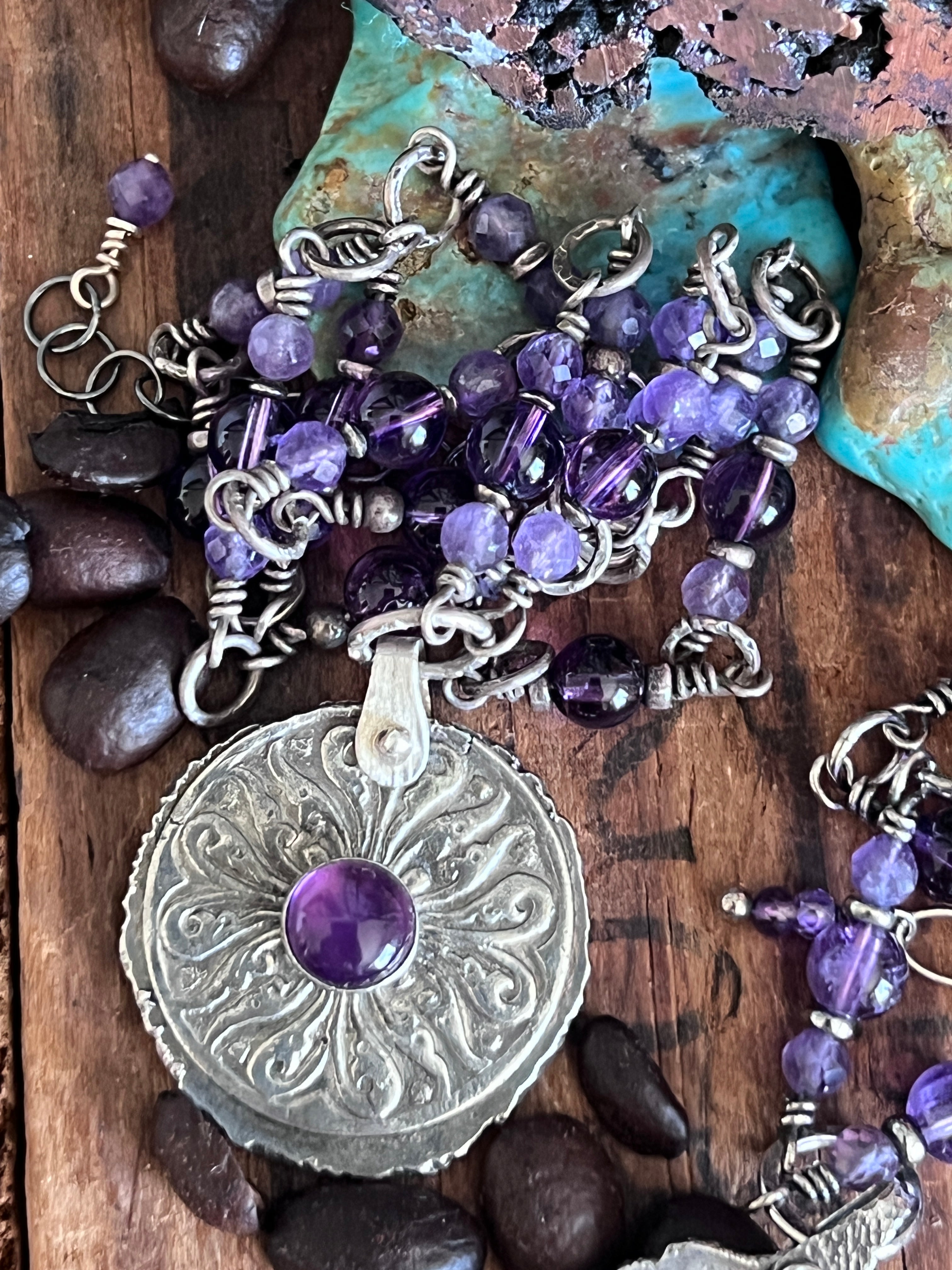 Tularosa Rosary Style Sterling Silver and Amethyst Relic Coin Necklace