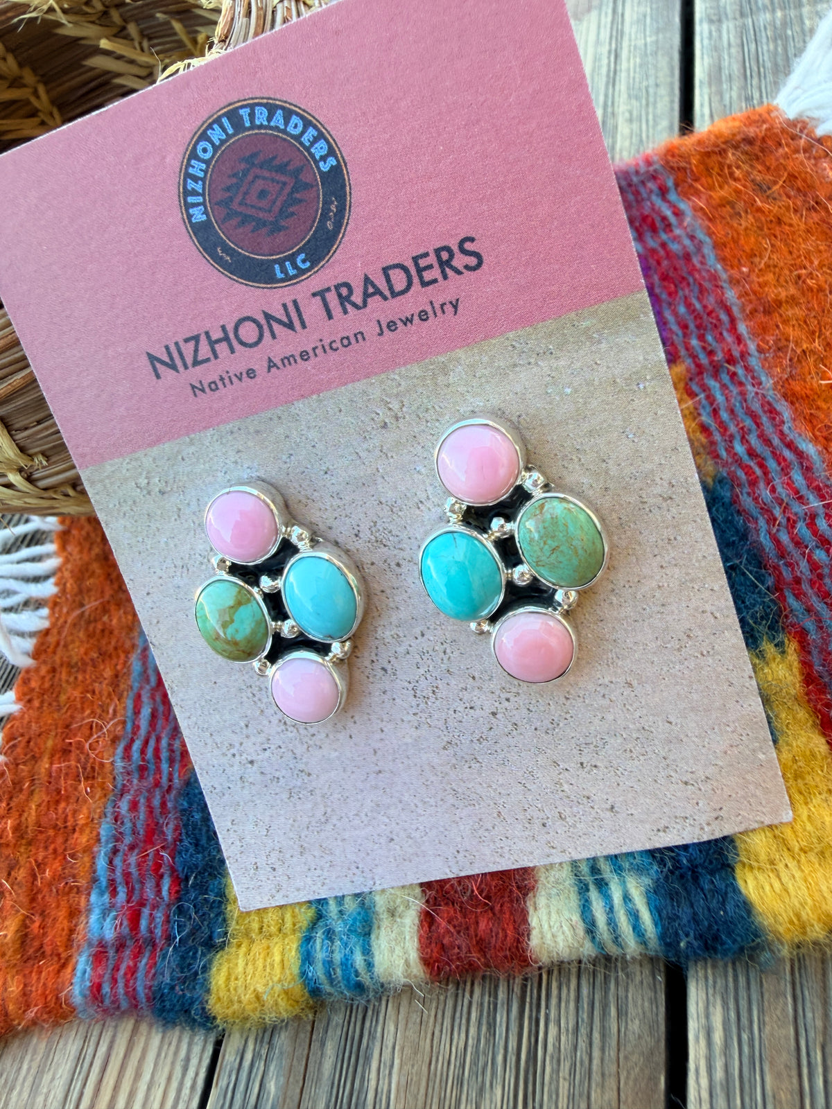 Handcrafted Sterling Silver, Turquoise & Queen Pink Conch Cluster Post Earrings