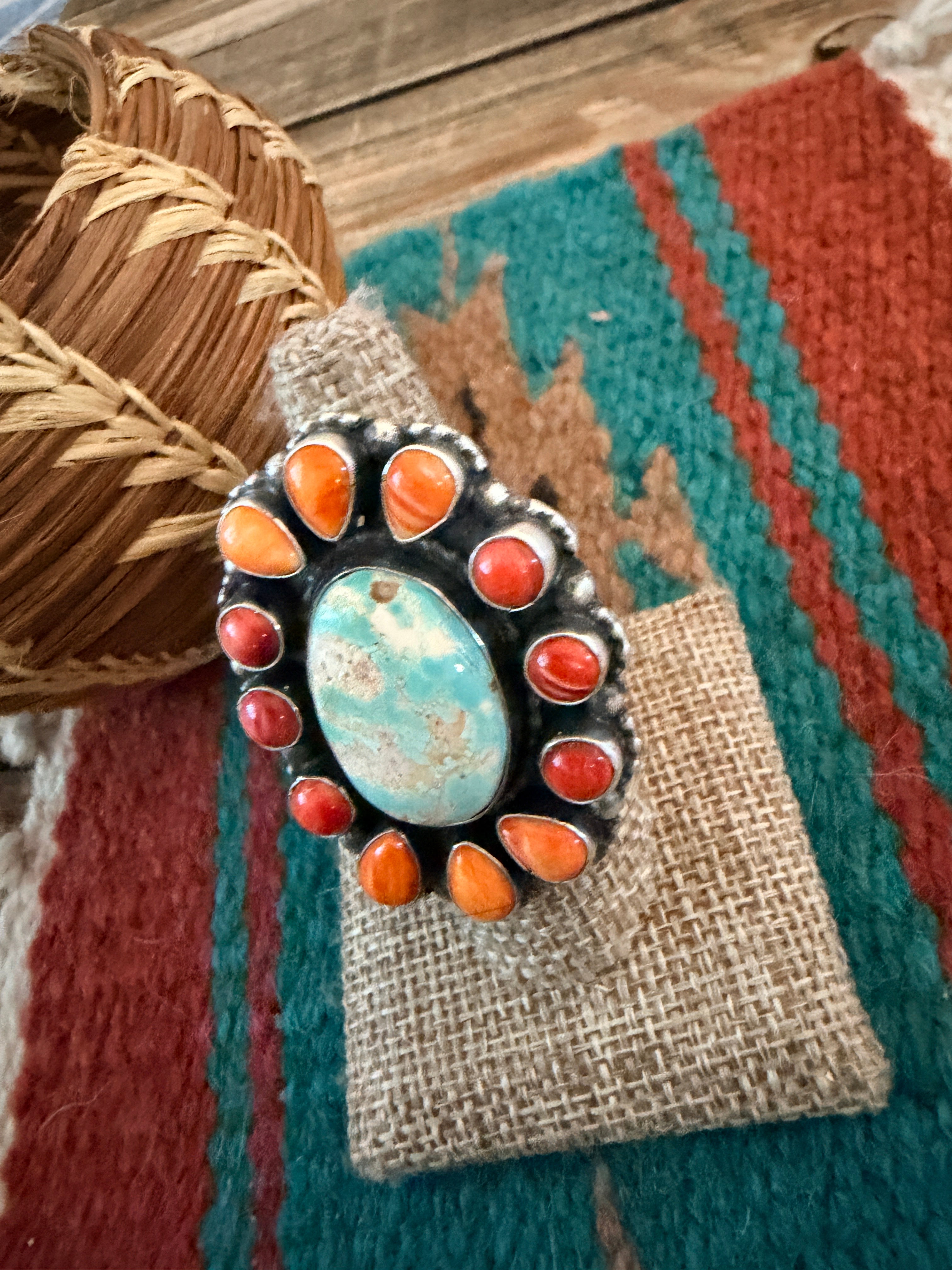 Handcrafted Spiny Oyster, Turquoise & Sterling Silver Cluster Ring by Sheila Becenti Size 7