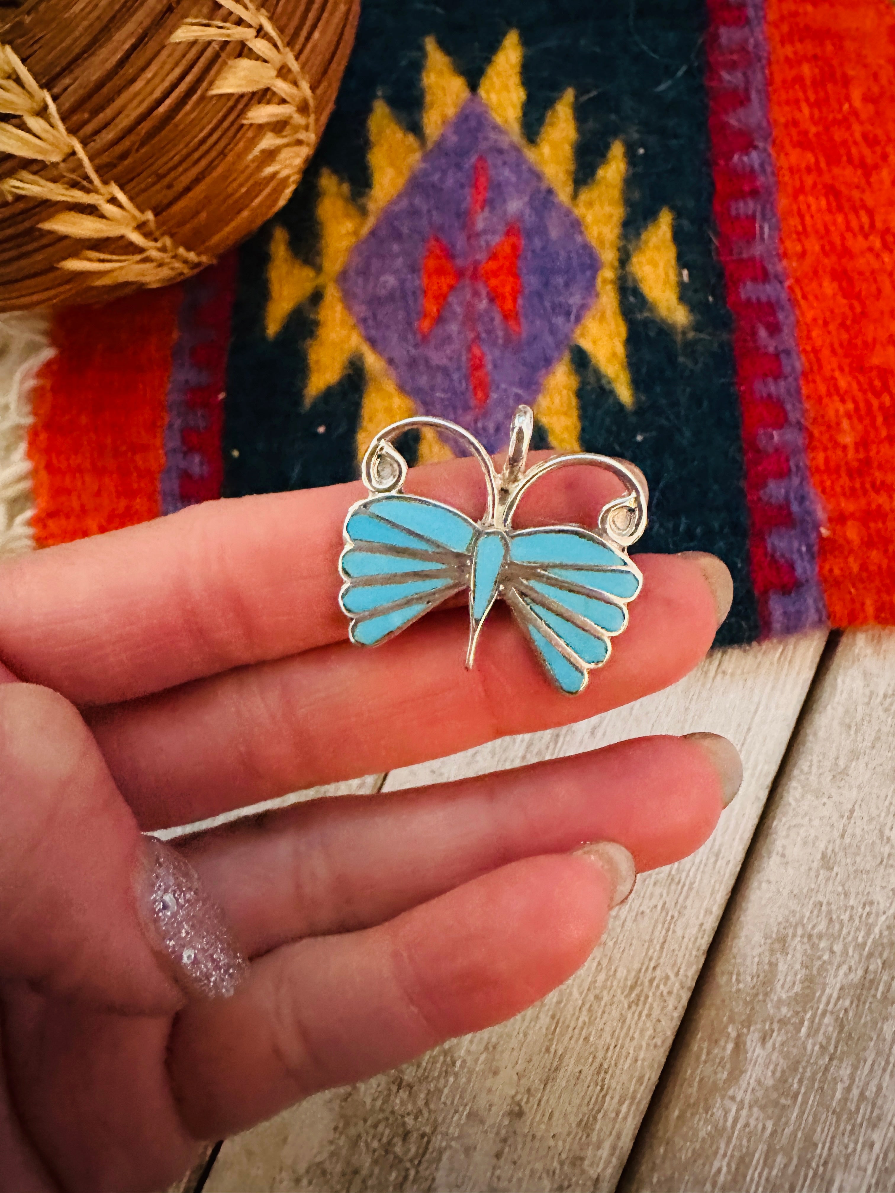 Navajo Sterling Silver & Turquoise Inlay Butterfly Pendant