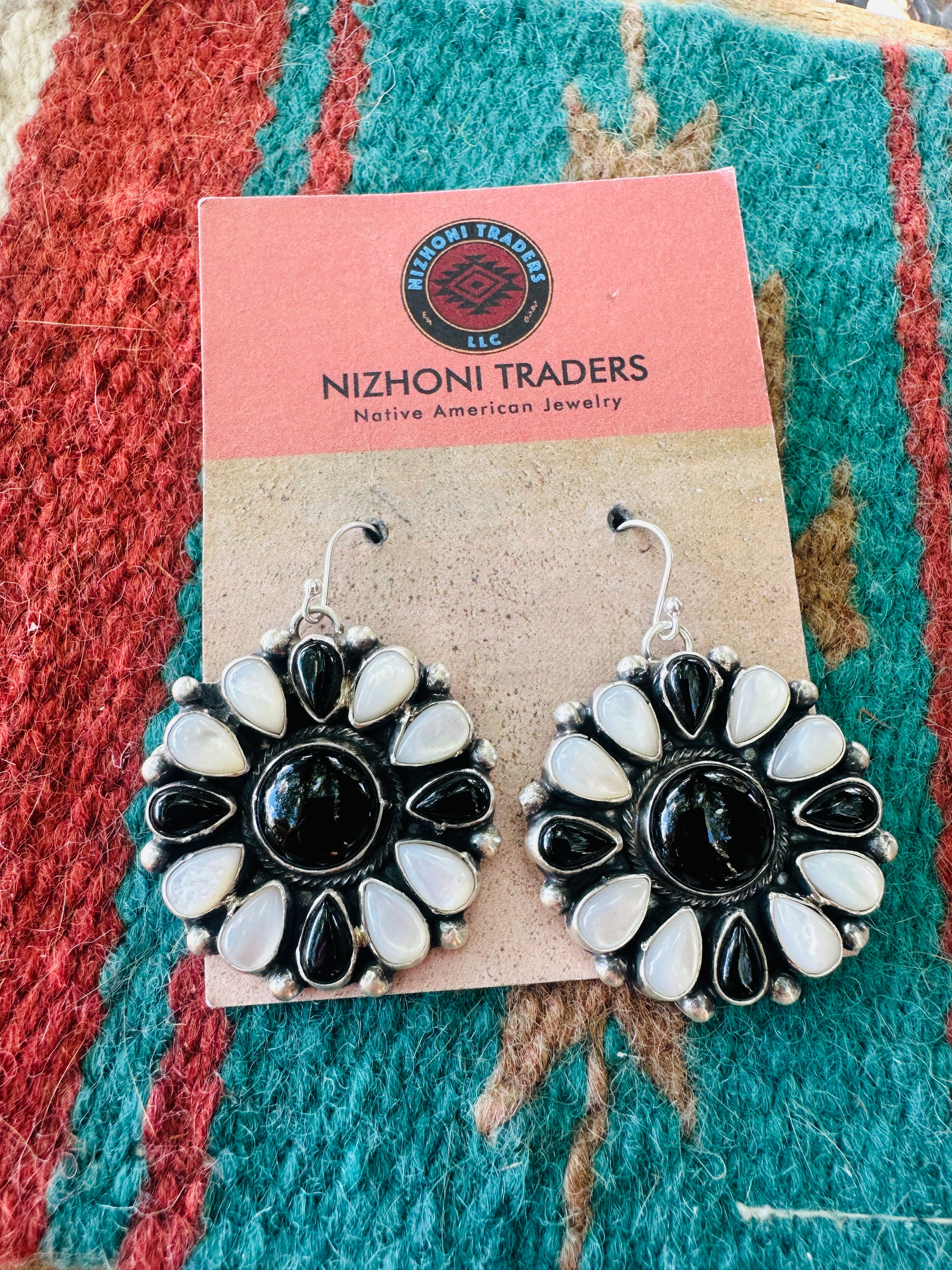 Handcrafted Mother of Pearl, Onyx & Sterling Silver Cluster Dangle Earrings