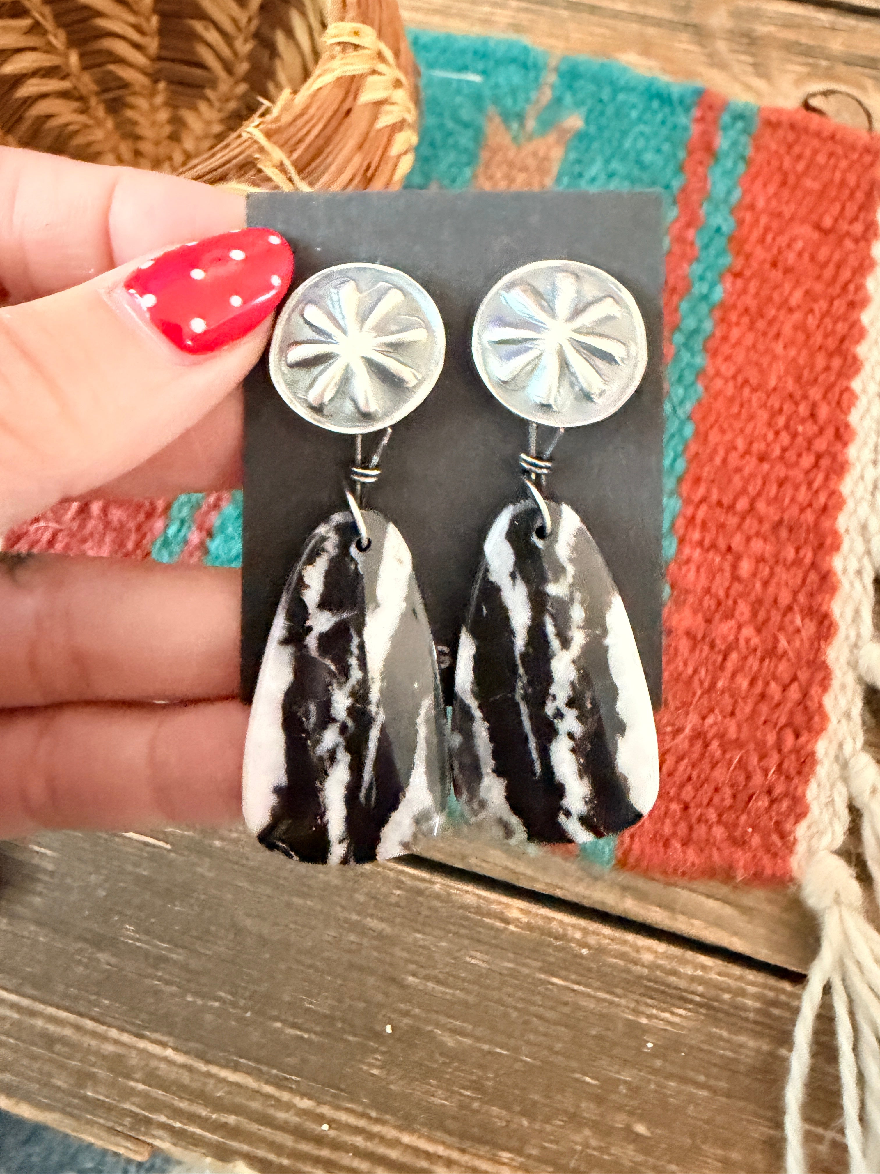 Handcrafted White Buffalo & Sterling Silver Concho Dangle Earrings