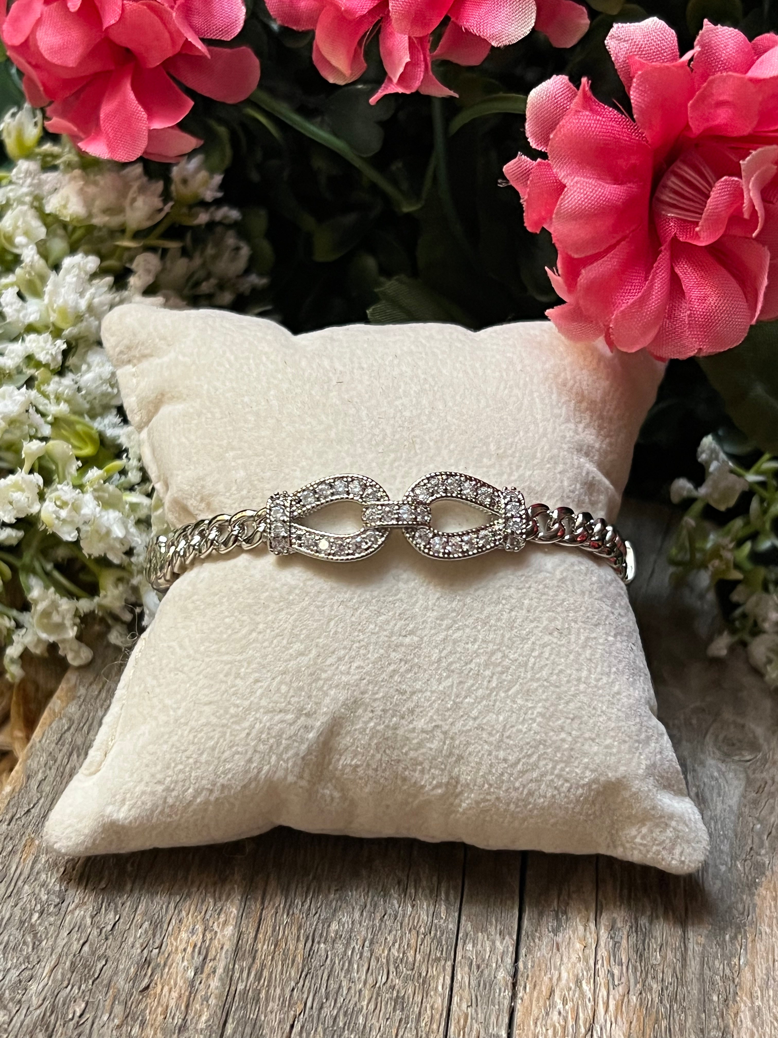 Silver Plated CZ HorseBit Bangle Bracelet