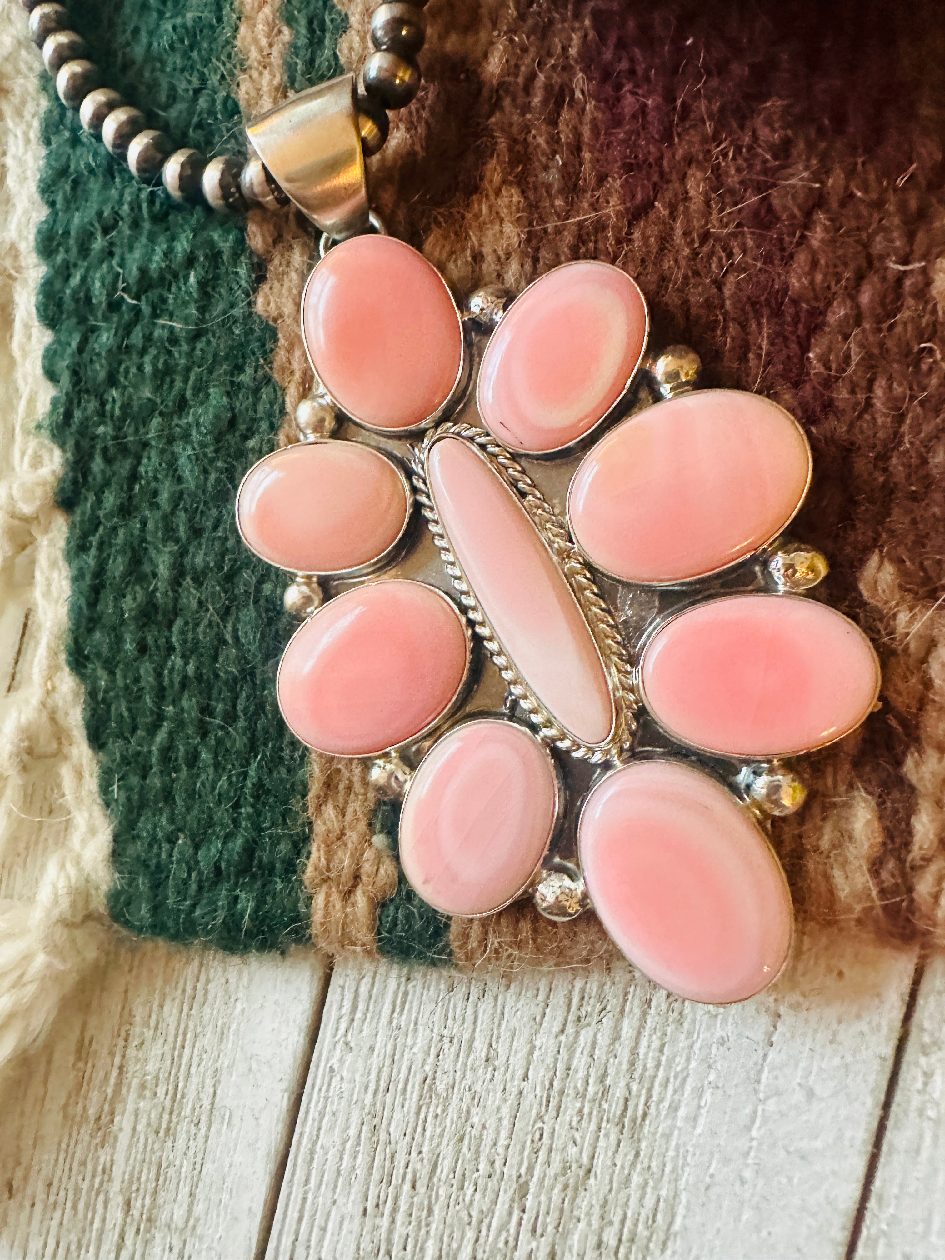 Navajo Queen Pink Conch Shell & Sterling Silver Cluster Pendant