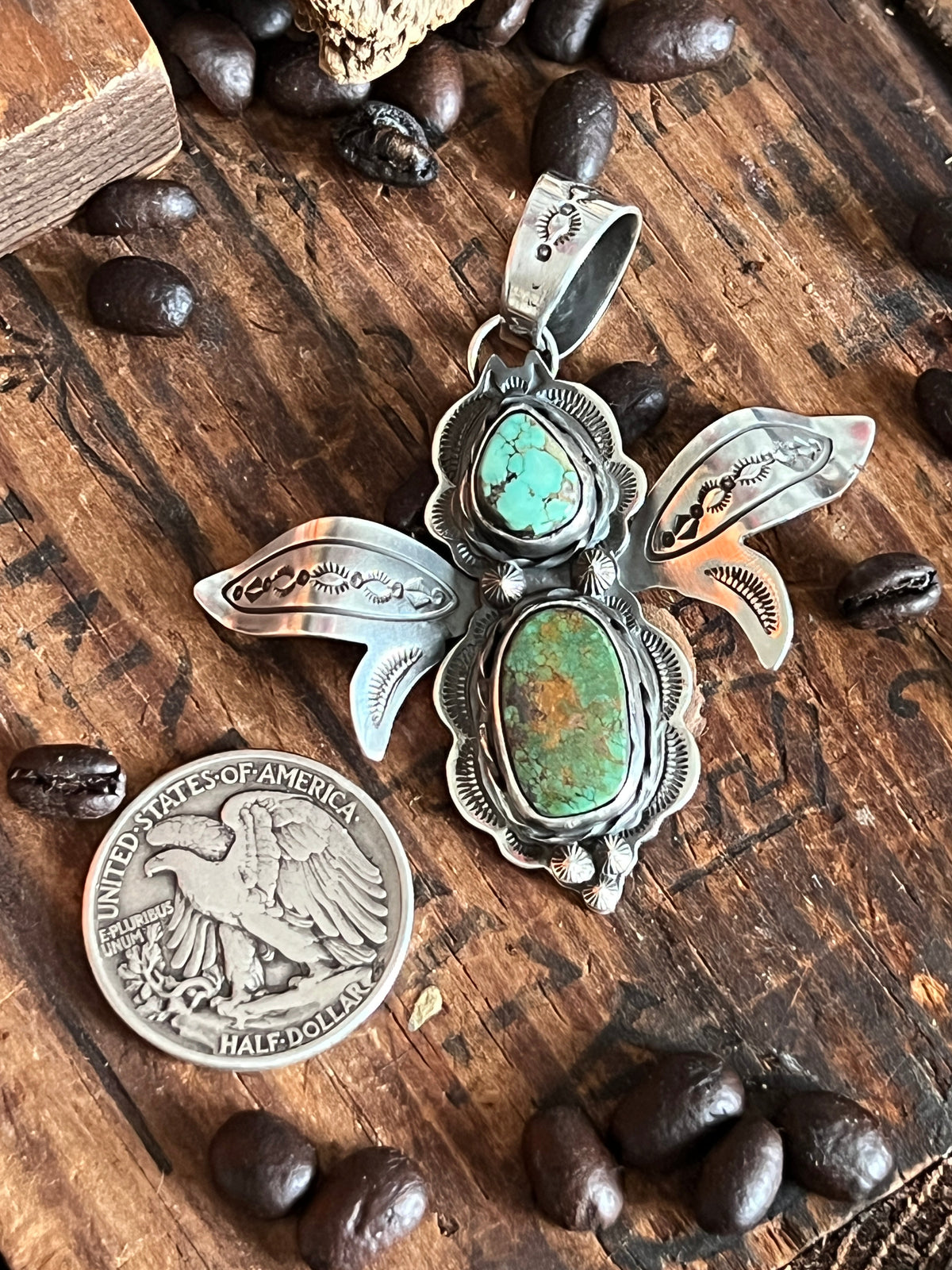 Sterling Silver and Turquoise Winged Bug Pendant by Kimari Somers