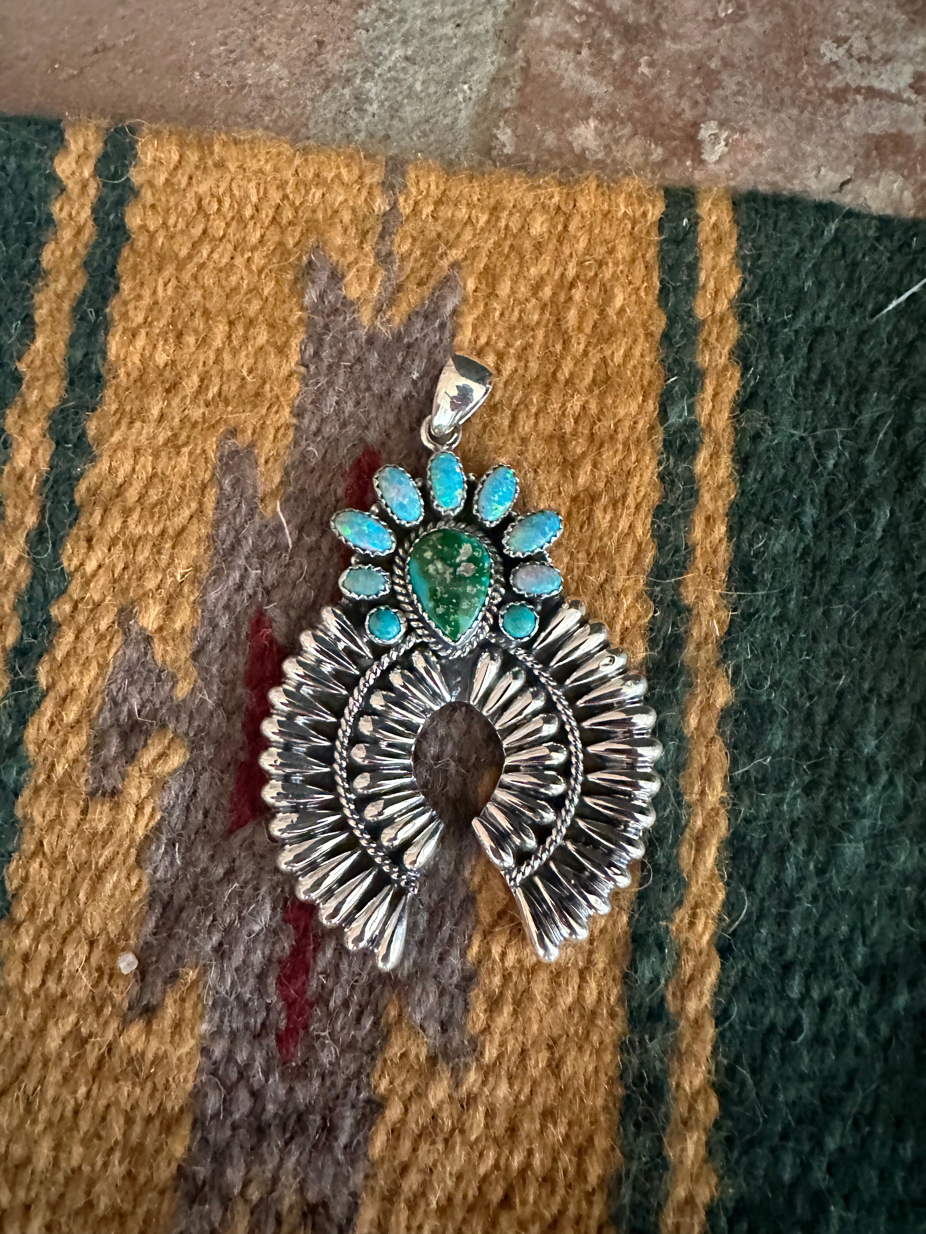 Handmade Sonoran Turquoise, Blue Fire Opal & Sterling Silver Naja Pendant Signed Nizhoni