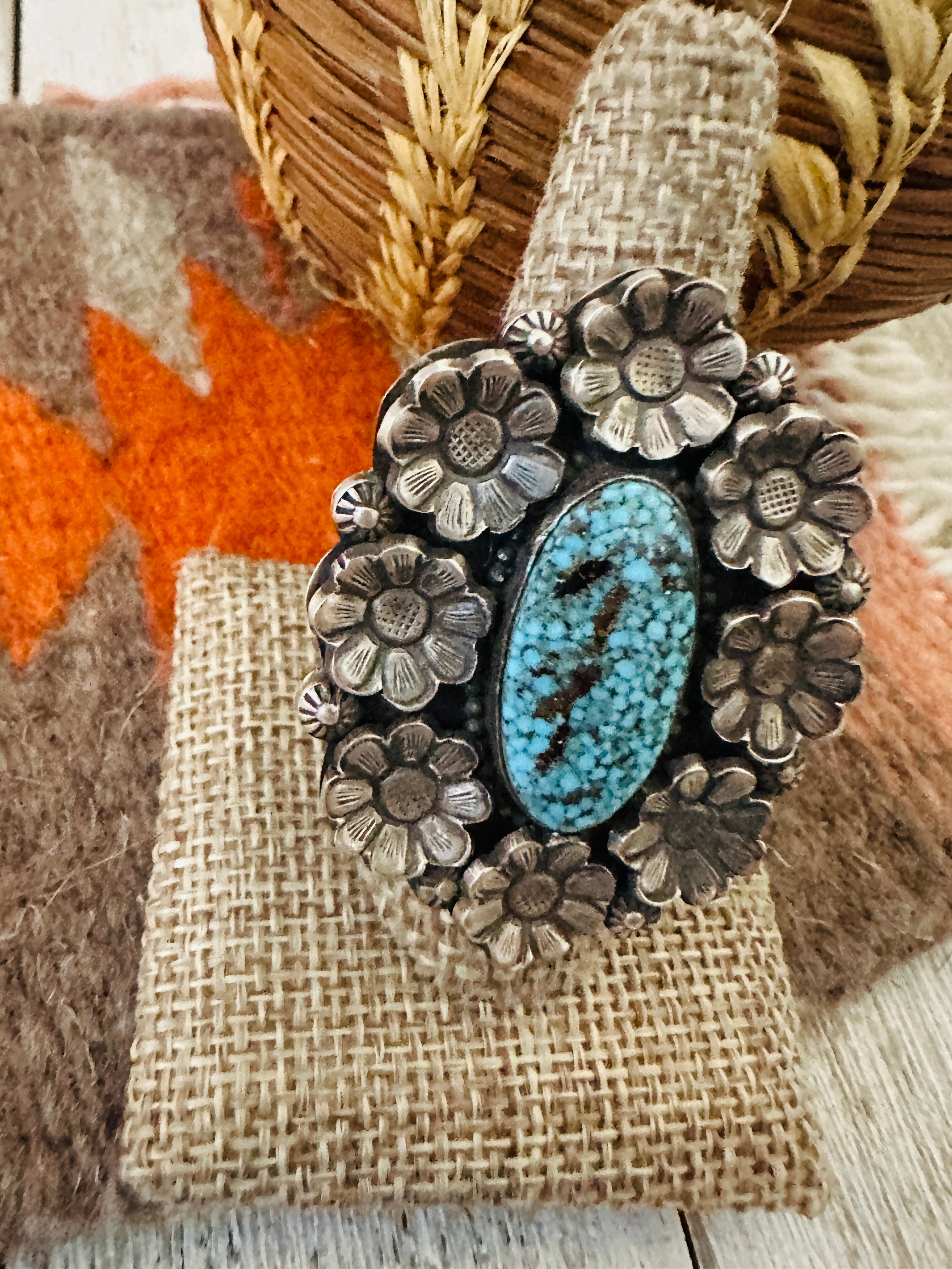 Handcrafted Birdseye Kingman Turquoise & Sterling Silver Flower Ring by Calvin Martinez, Size 9