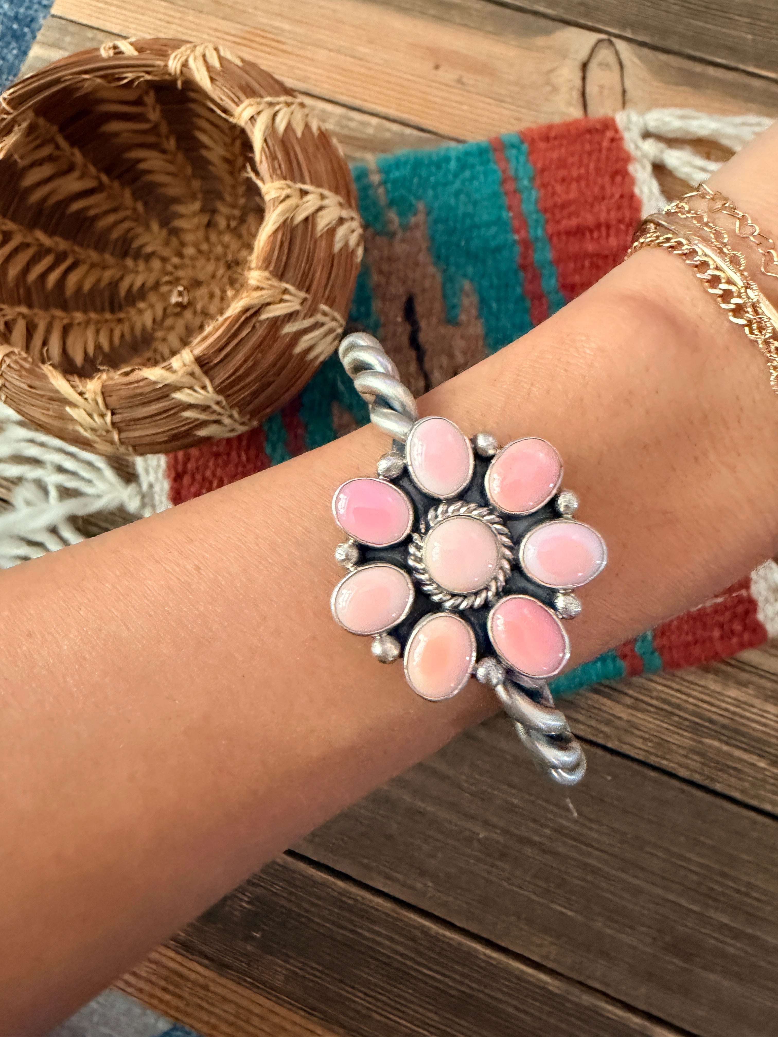 Handcrafted Old Pawn Sterling Silver & Queen Pink Conch Cluster Cuff Bracelet