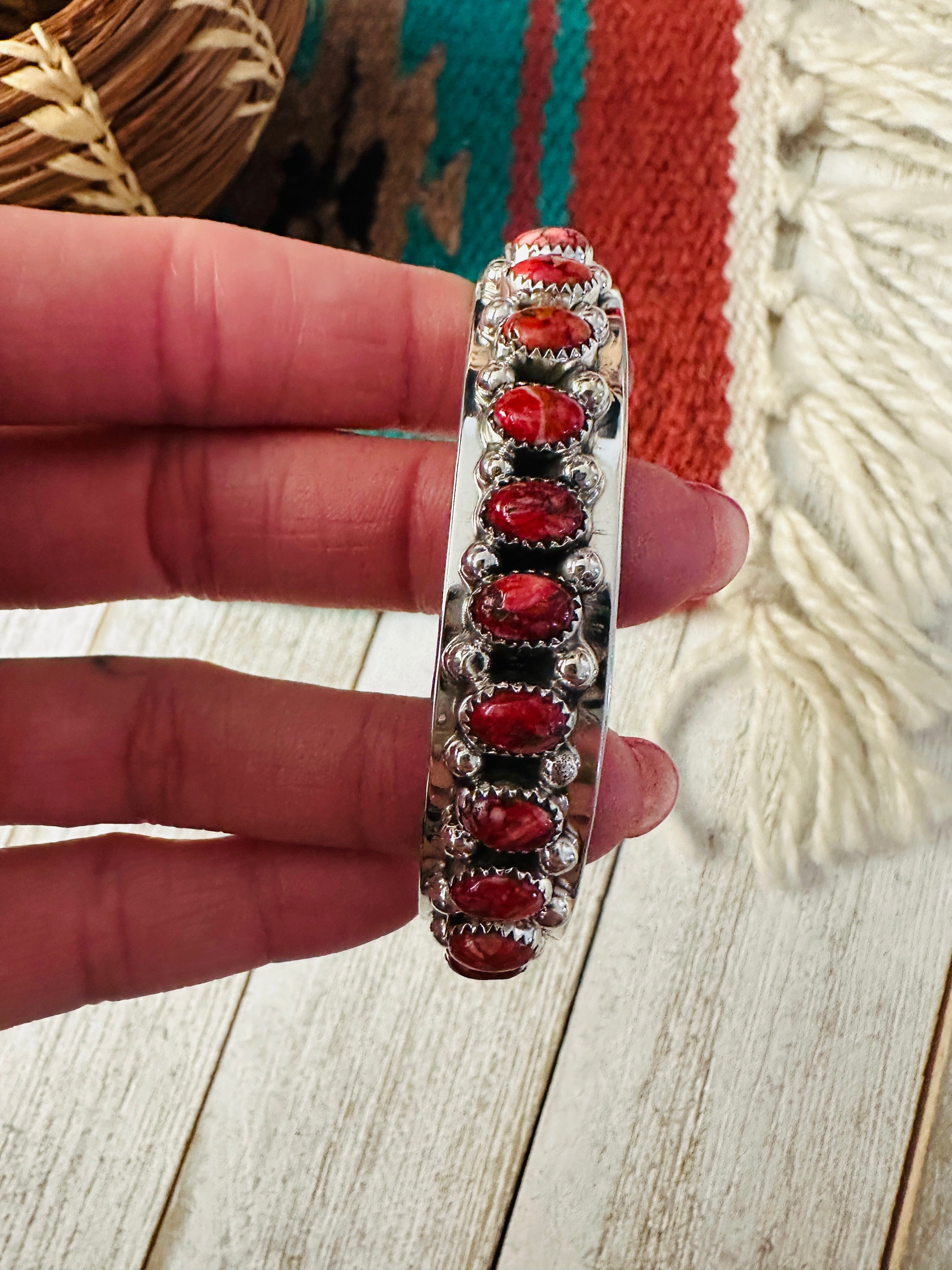 Navajo Red Spiny & Sterling Silver Cuff Bracelet by Darlene Begay