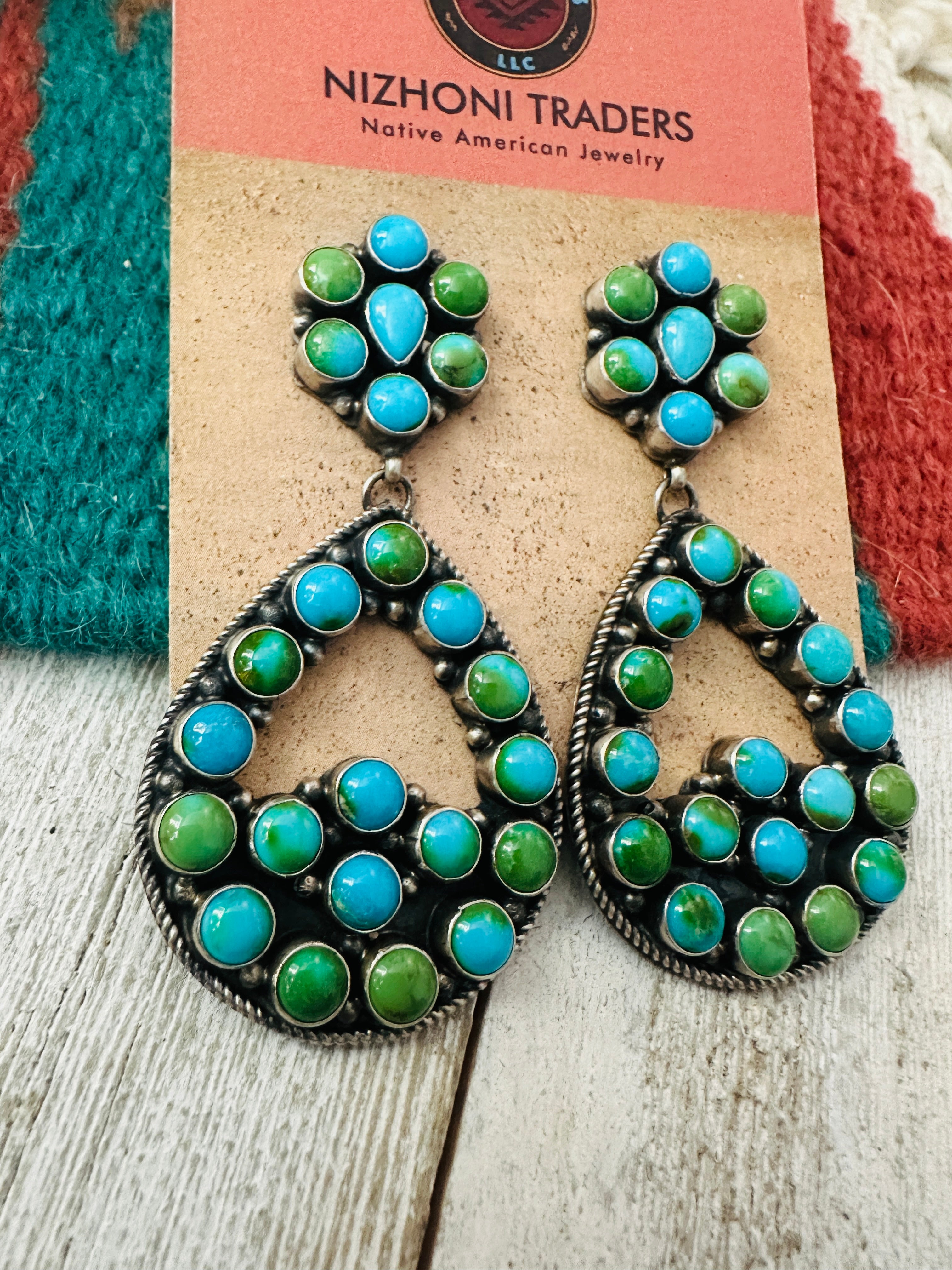 Navajo Sonoran Mountain Turquoise & Sterling Silver Cluster Dangle Earrings