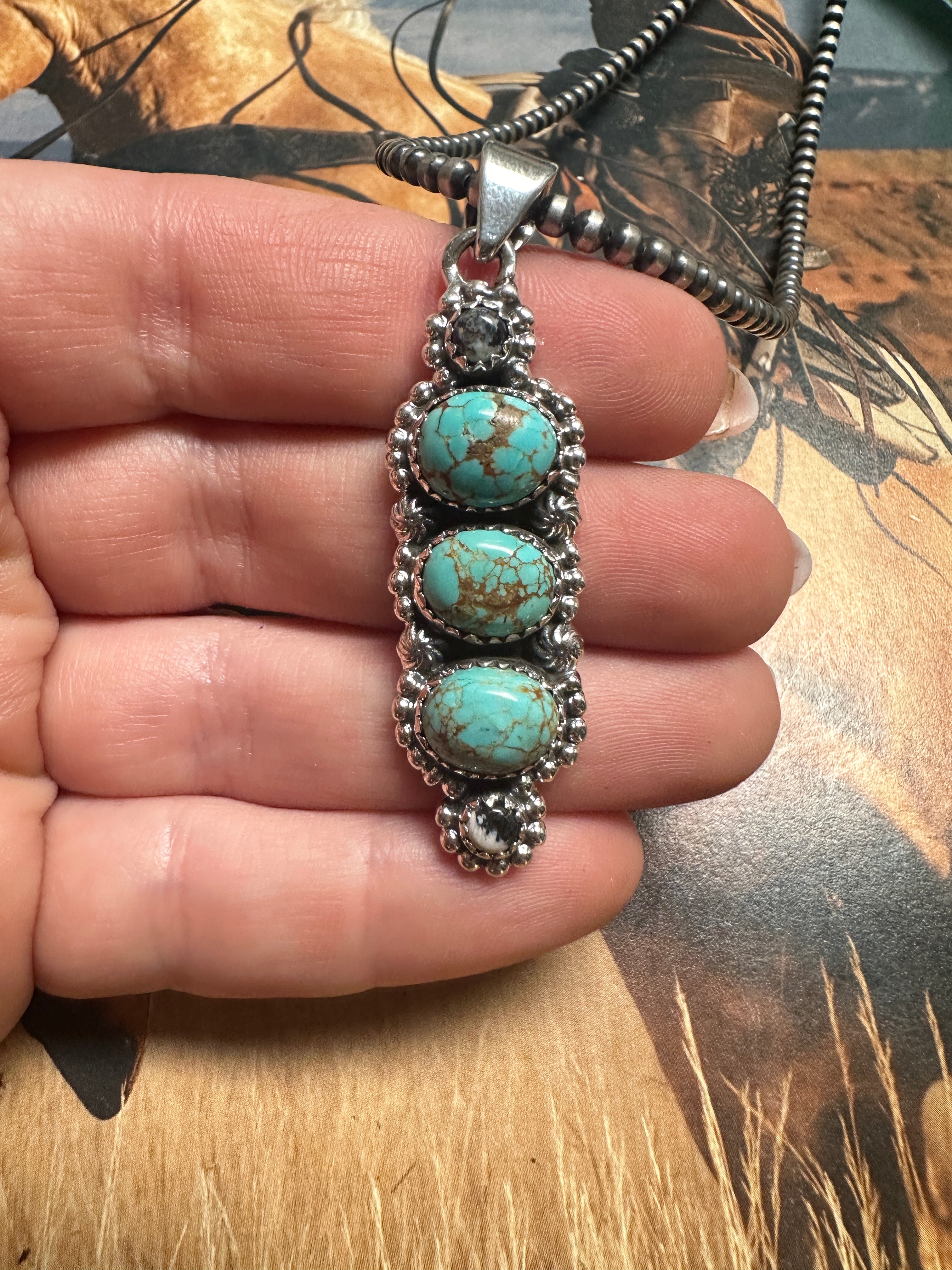 Beautiful Handmade Sterling Silver, White Buffalo & Number 8 Turquoise Pendant