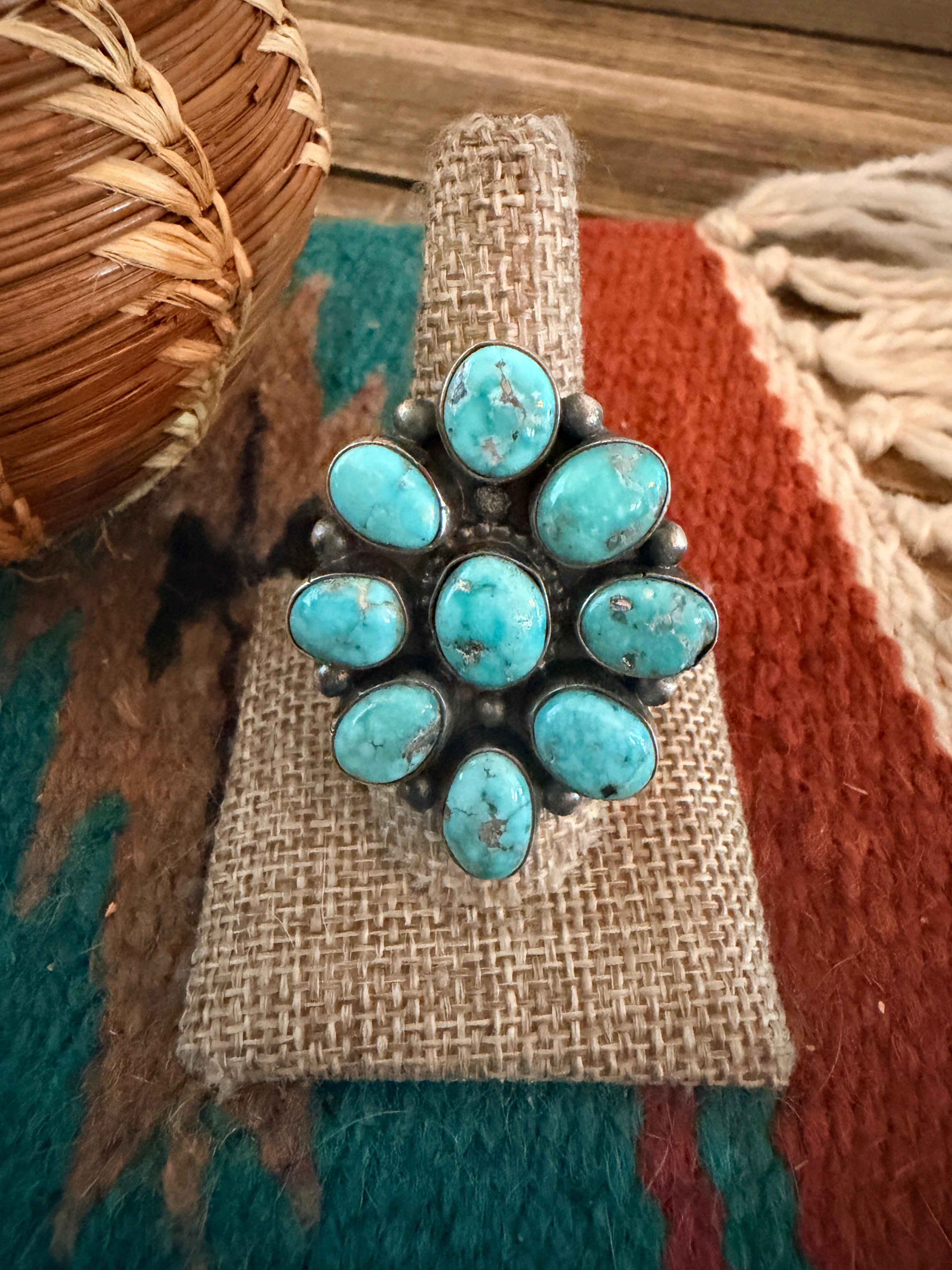 Handcrafted Turquoise & Sterling Silver Cluster Ring by Sheila Becenti Size 9.5
