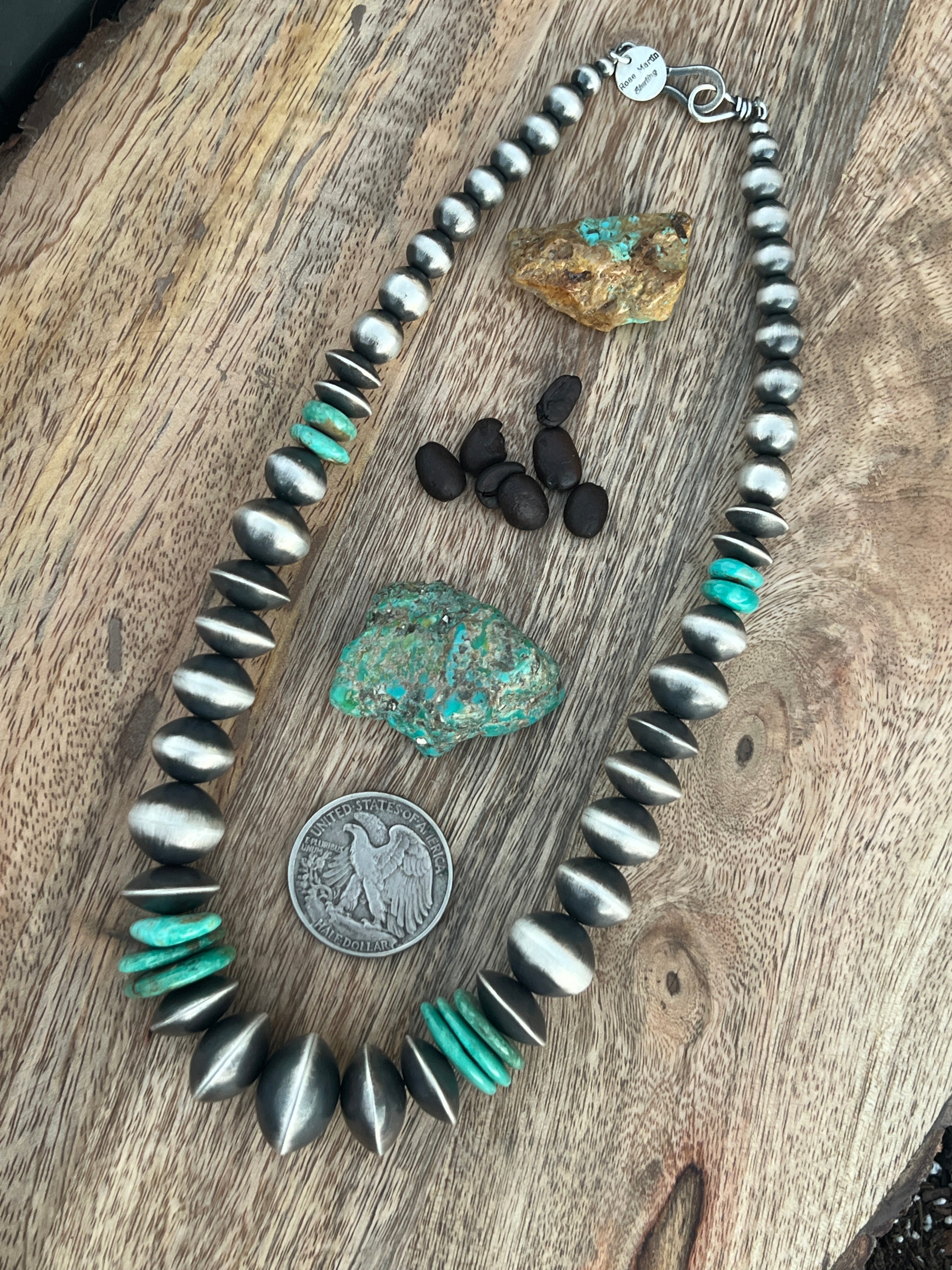 Handcrafted Chunky Sterling Silver and Kingman Turquoise Beaded Necklace by Rose Martin, 19 and 22 inches