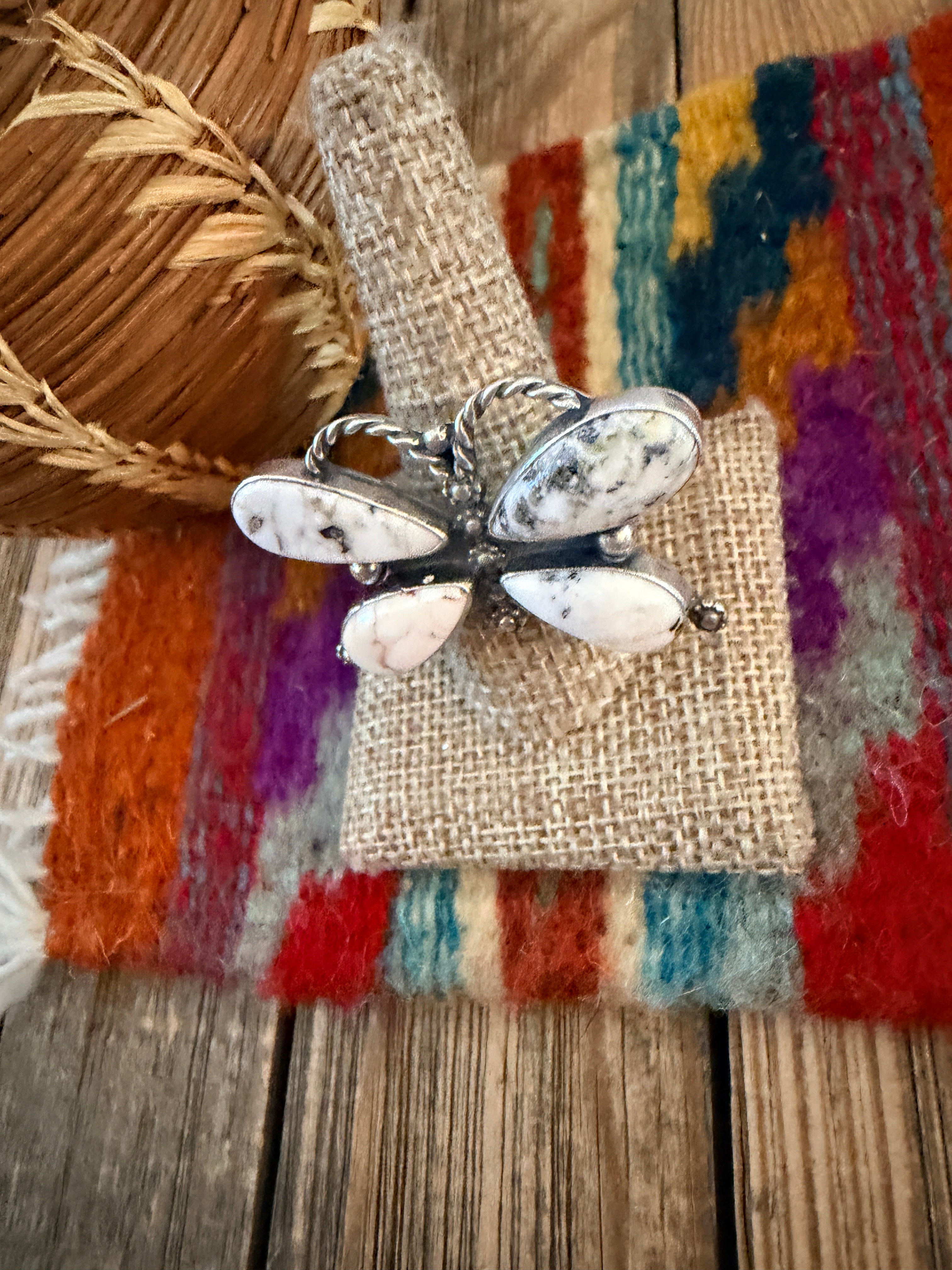 Handcrafted White Buffalo & Sterling Silver Adjustable Butterfly Ring