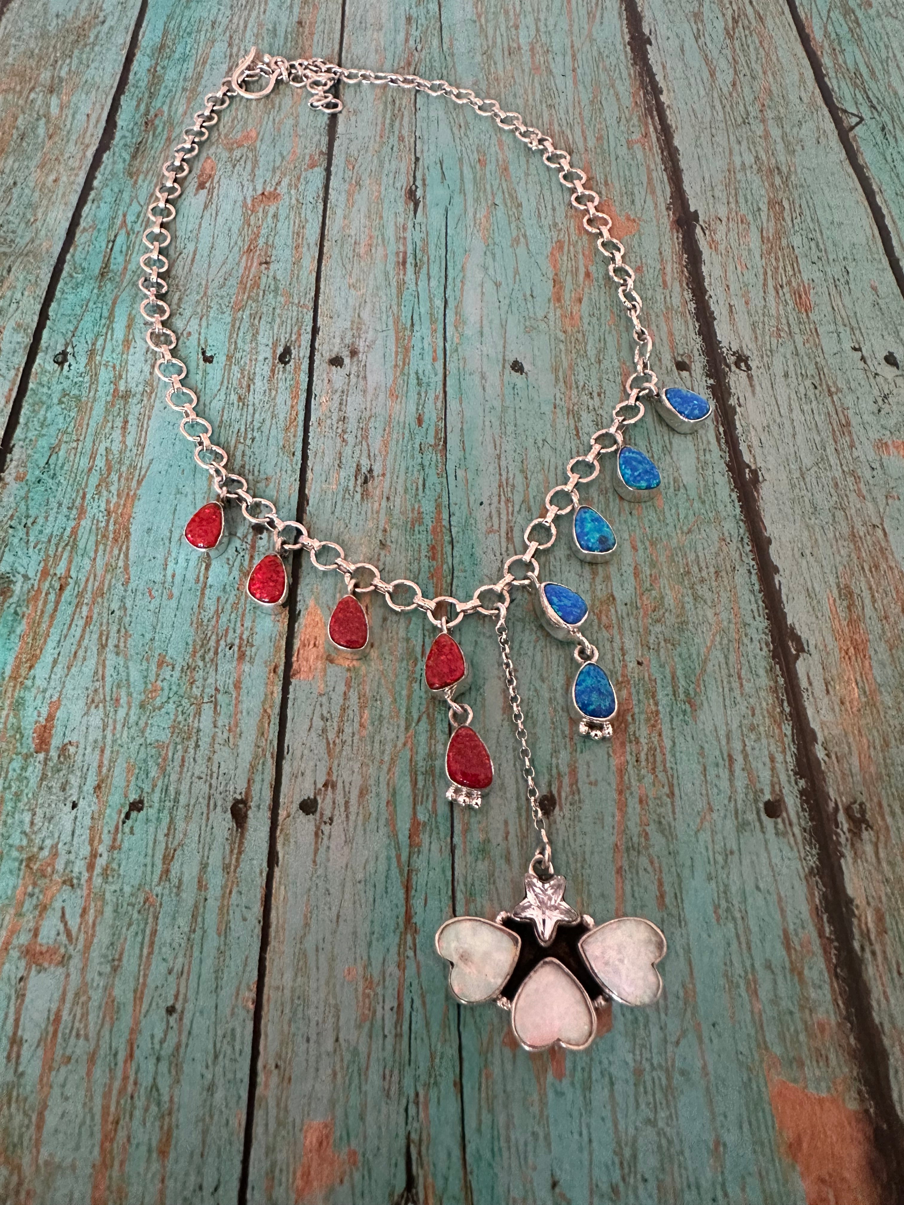 4th Of July Collection Handmade Sterling Silver & Red, White & Blue Fire Opal Drop Necklace