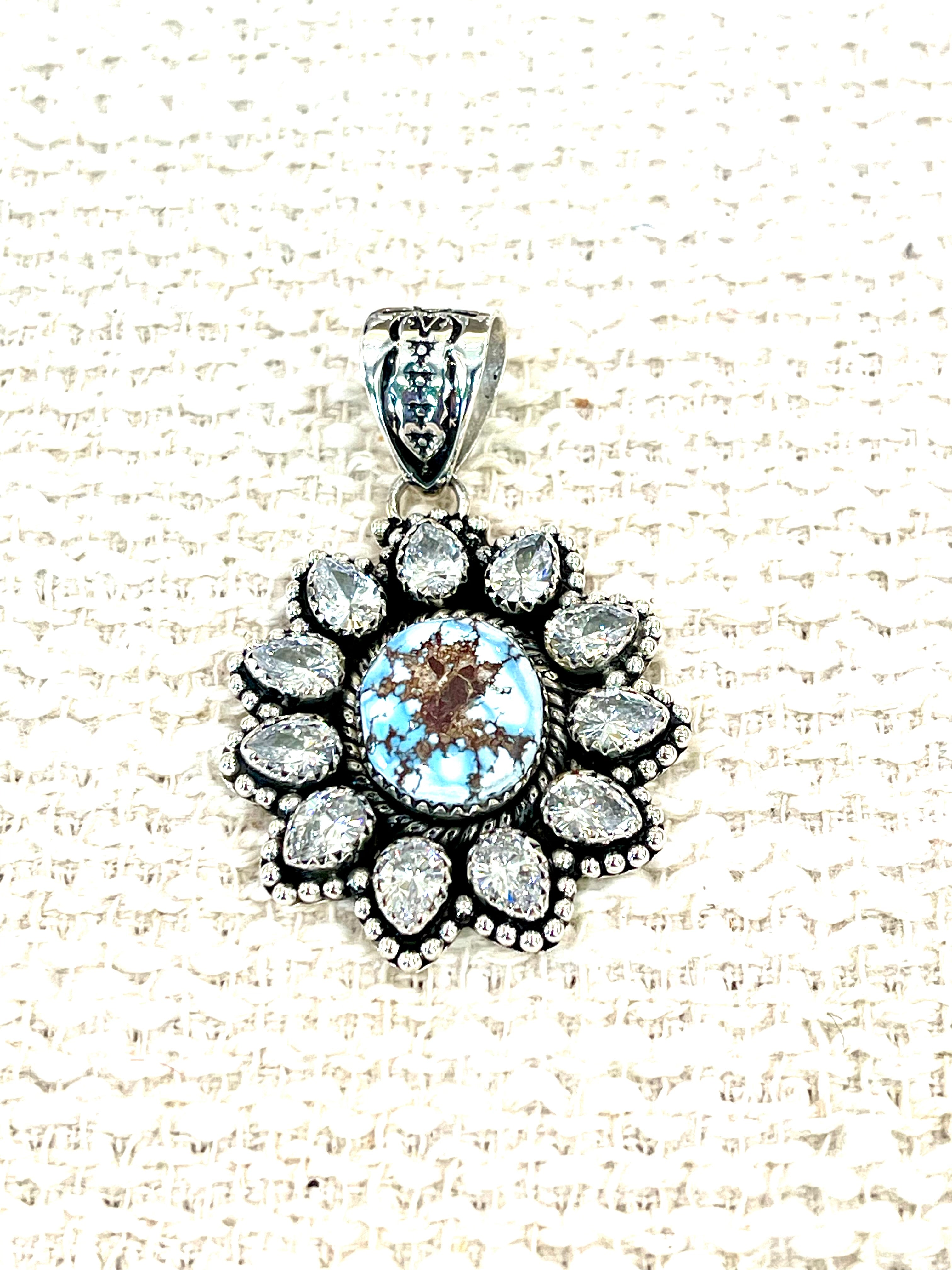 Handmade Golden Hills Turquoise, Sterling Silver & CZ Cluster Pendant Signed Nizhoni