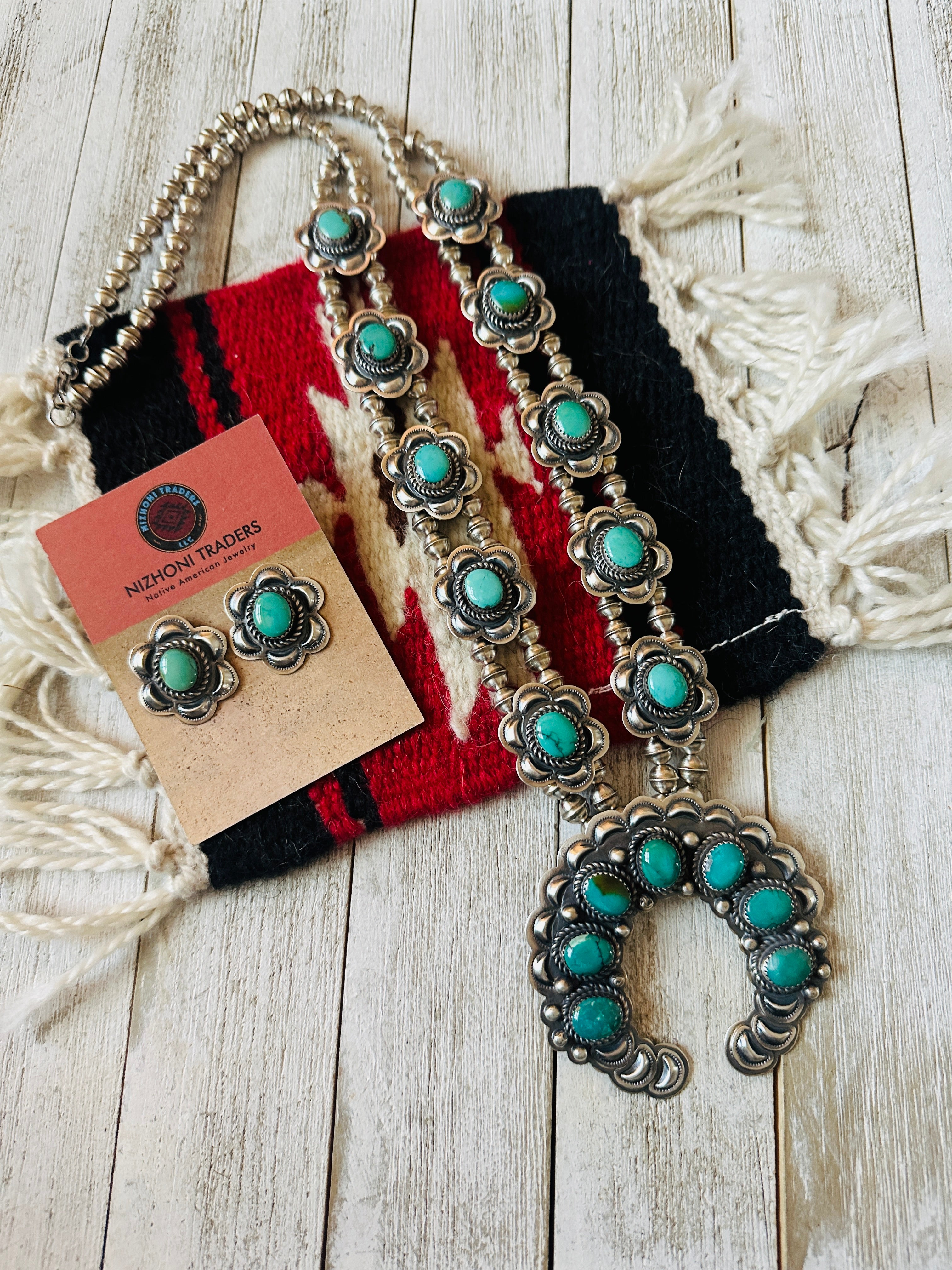 Vintage Old Pawn Navajo Turquoise & Sterling Silver Beaded Squash Blossom Necklace Set