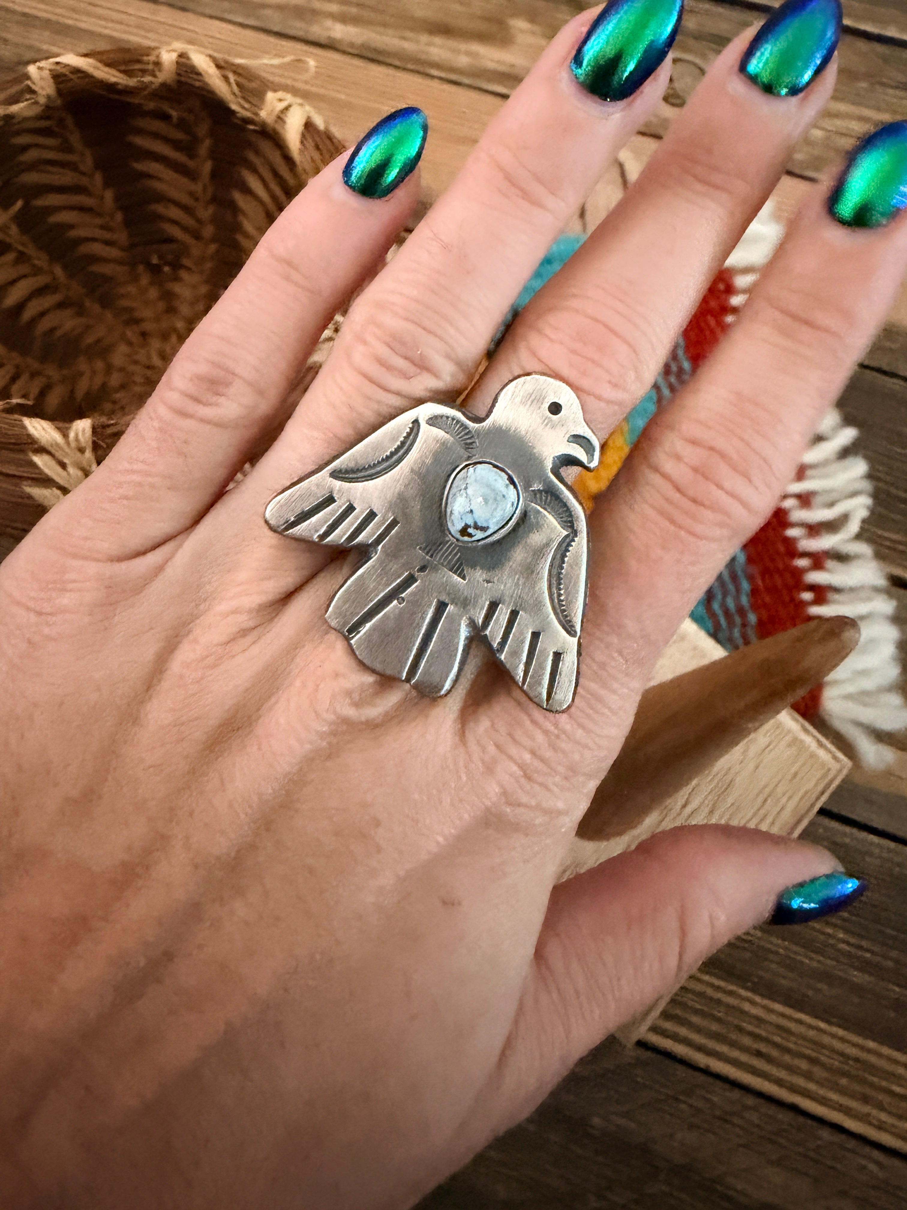 Handcrafted Turquoise and Sterling Silver Thunderbird Ring size 8 by Chimney Butte