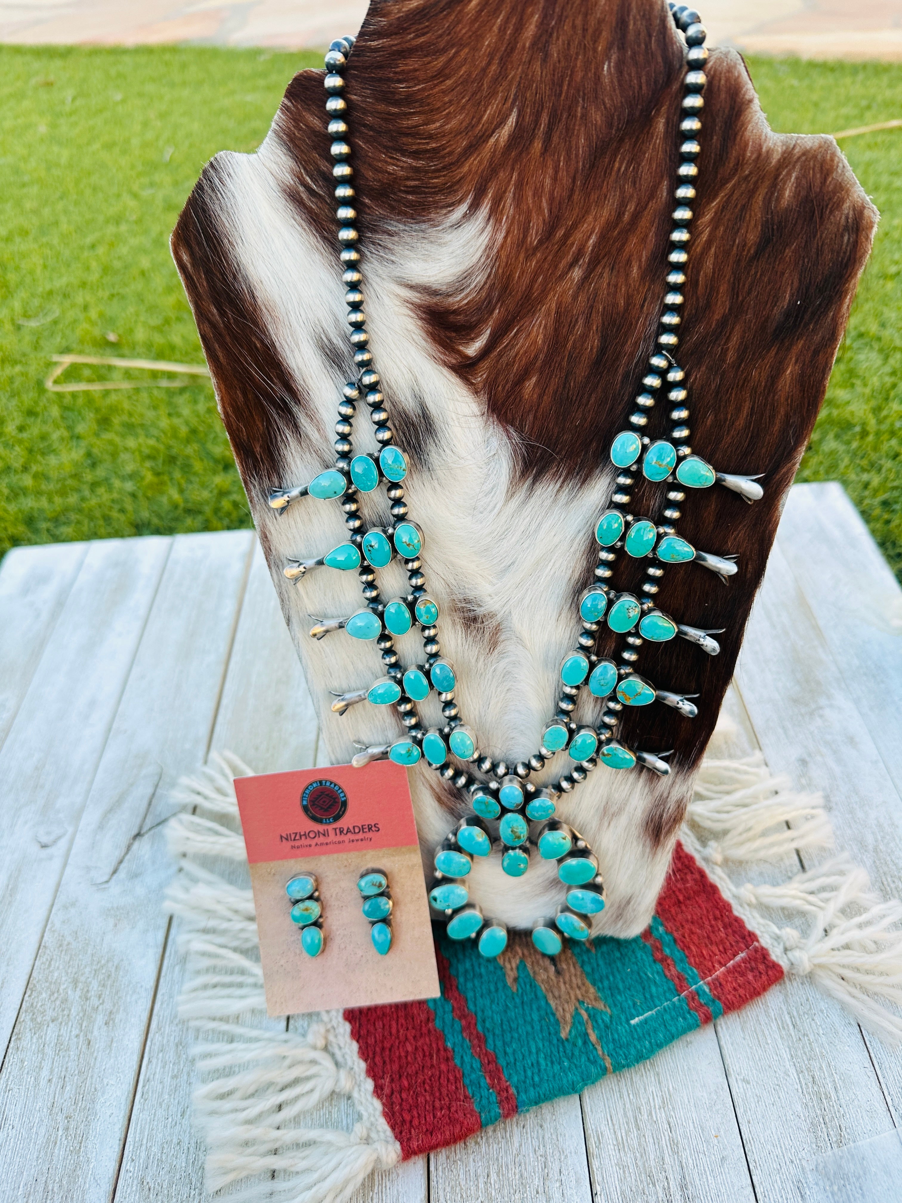 Handcrafted Carico Lake Turquoise & Sterling Silver Squash Blossom Necklace and Earring Set