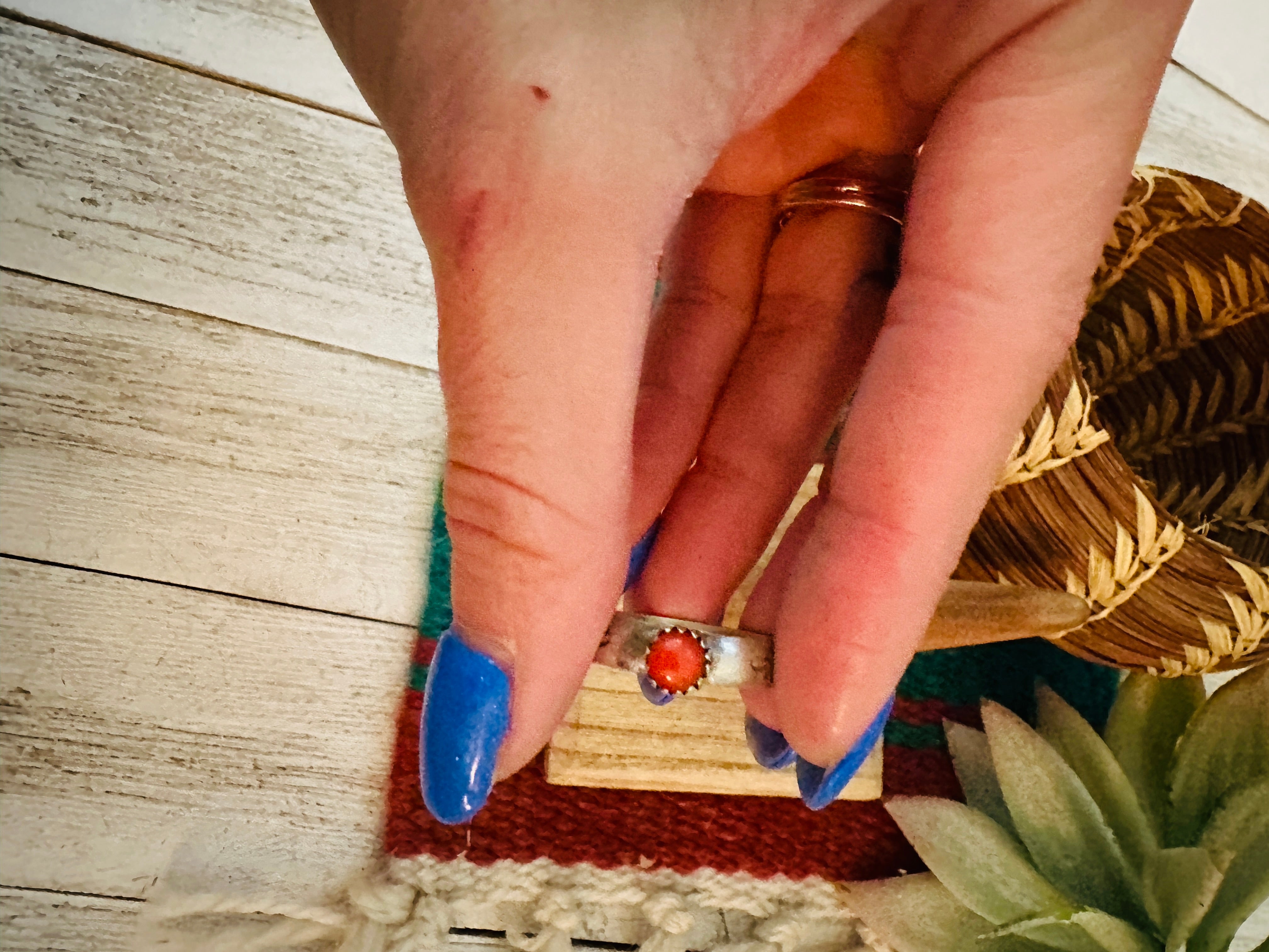 Navajo Sterling Silver & Coral Ring Size 7.5