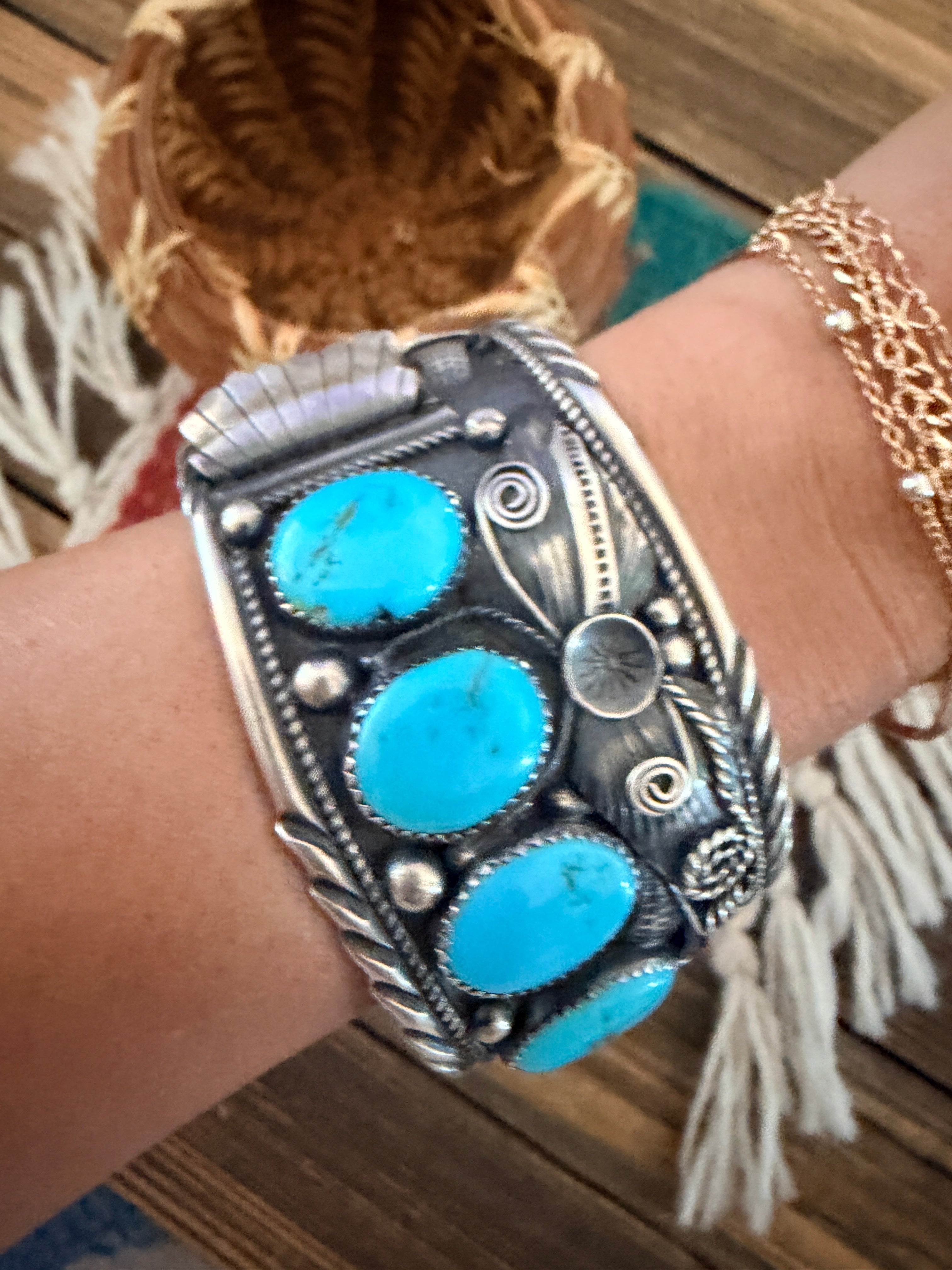Handcrafted Old Pawn Sterling Silver & Turquoise Cuff Bracelet