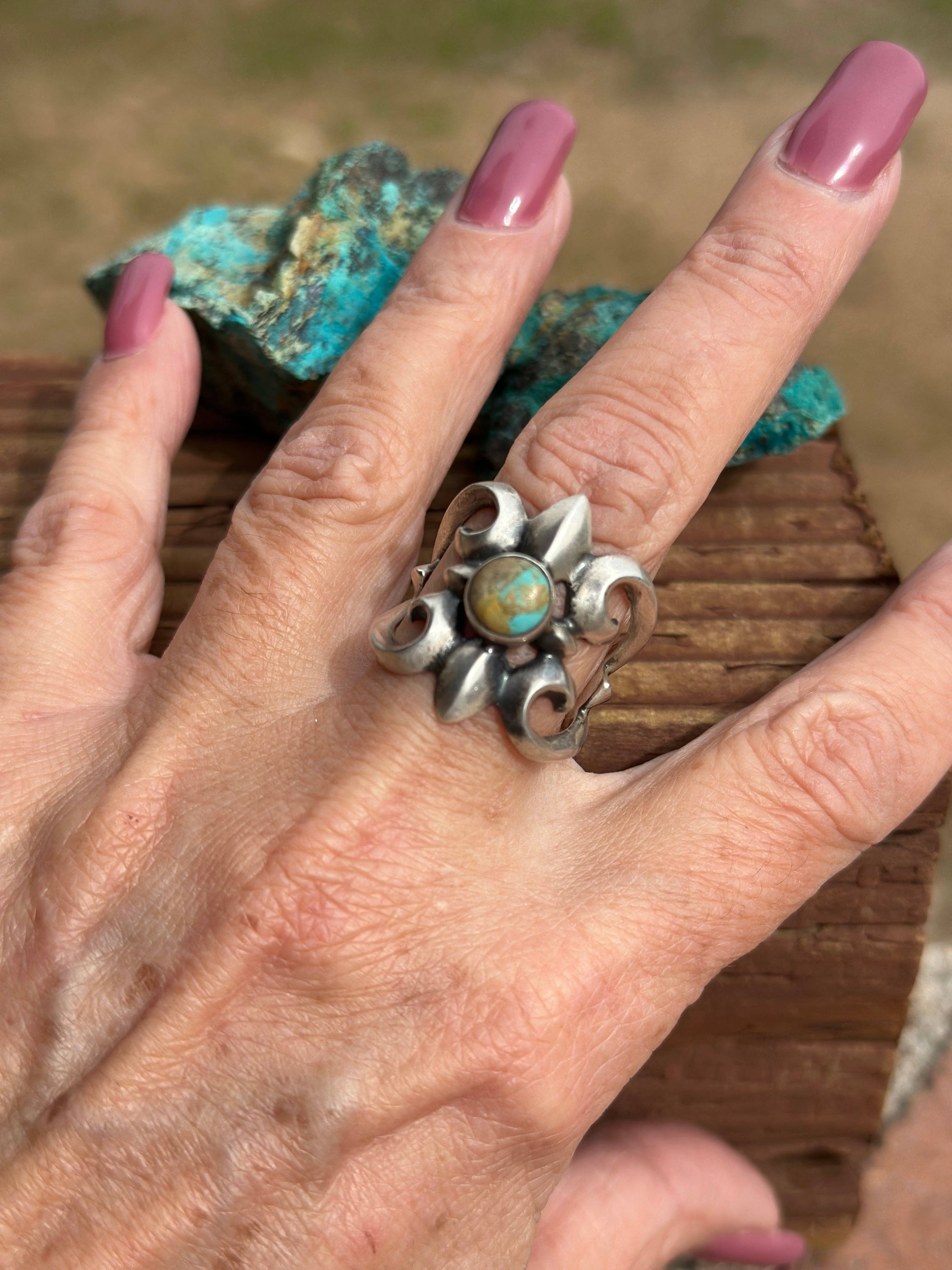 Handmade Sand Cast Royston Turquoise And Sterling Silver Adjustable Ring