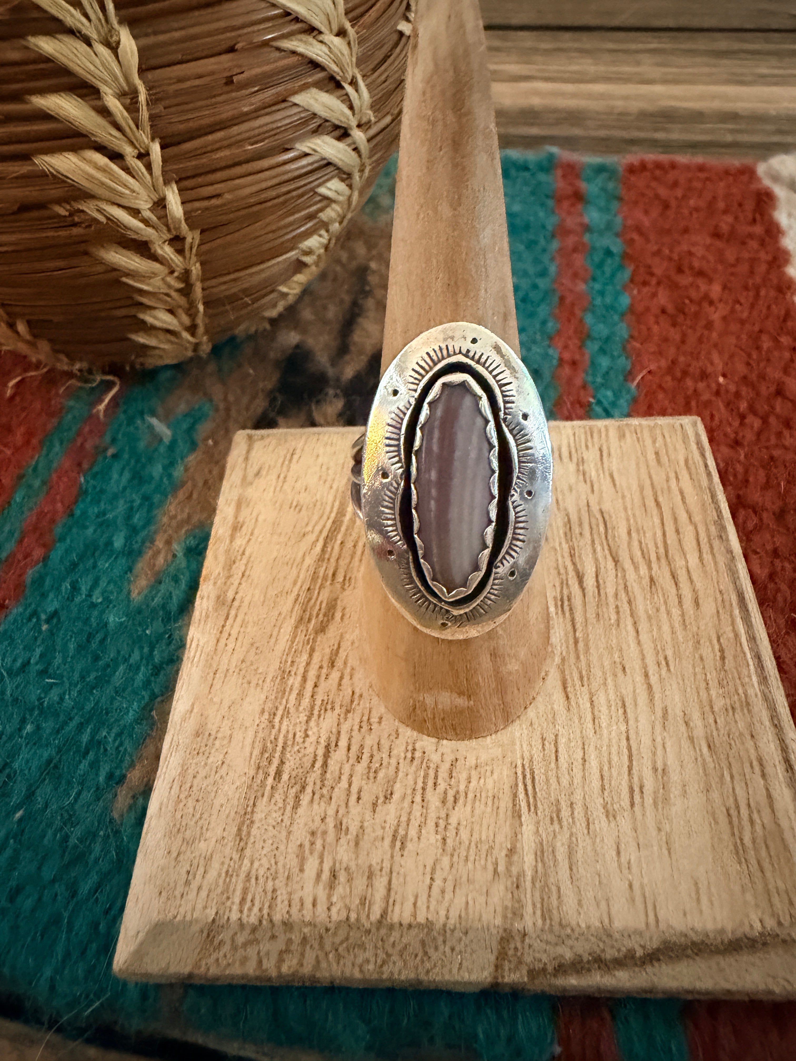 Old Pawn Handcrafted Wampum & Sterling Silver Ring Size 7.75