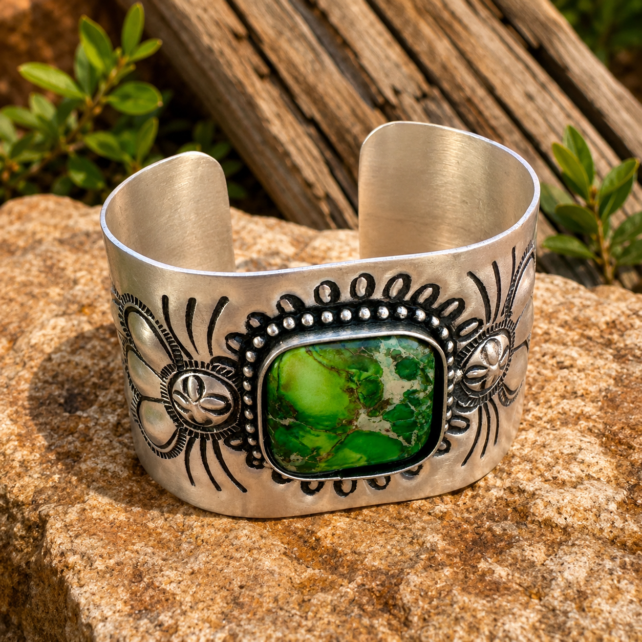 Engraved Silver Plated Cuff Bracelet with Green Stone