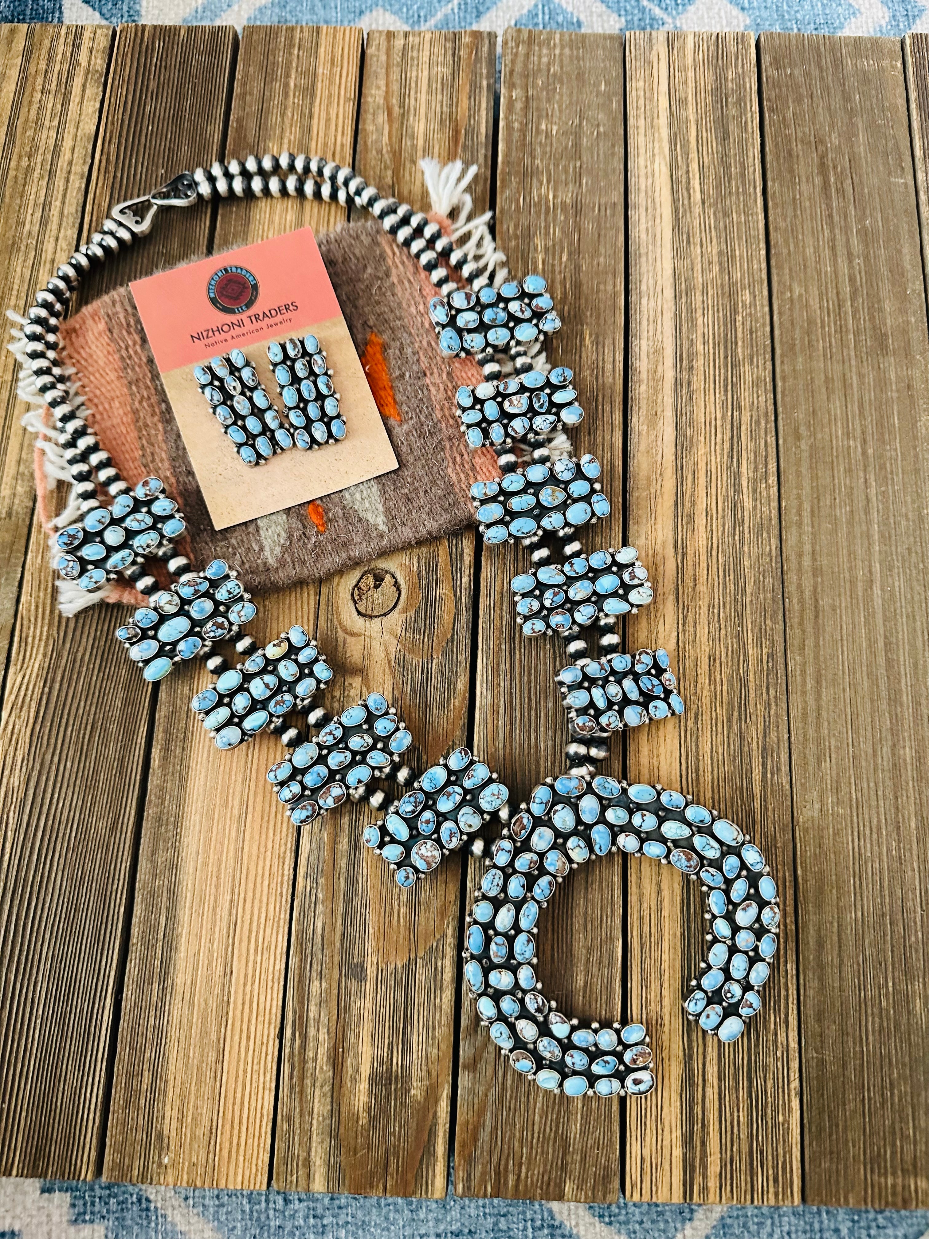 Navajo Golden Hills Turquoise & Sterling Silver Squash Blossom Necklace Set by Ben Yellowhorse