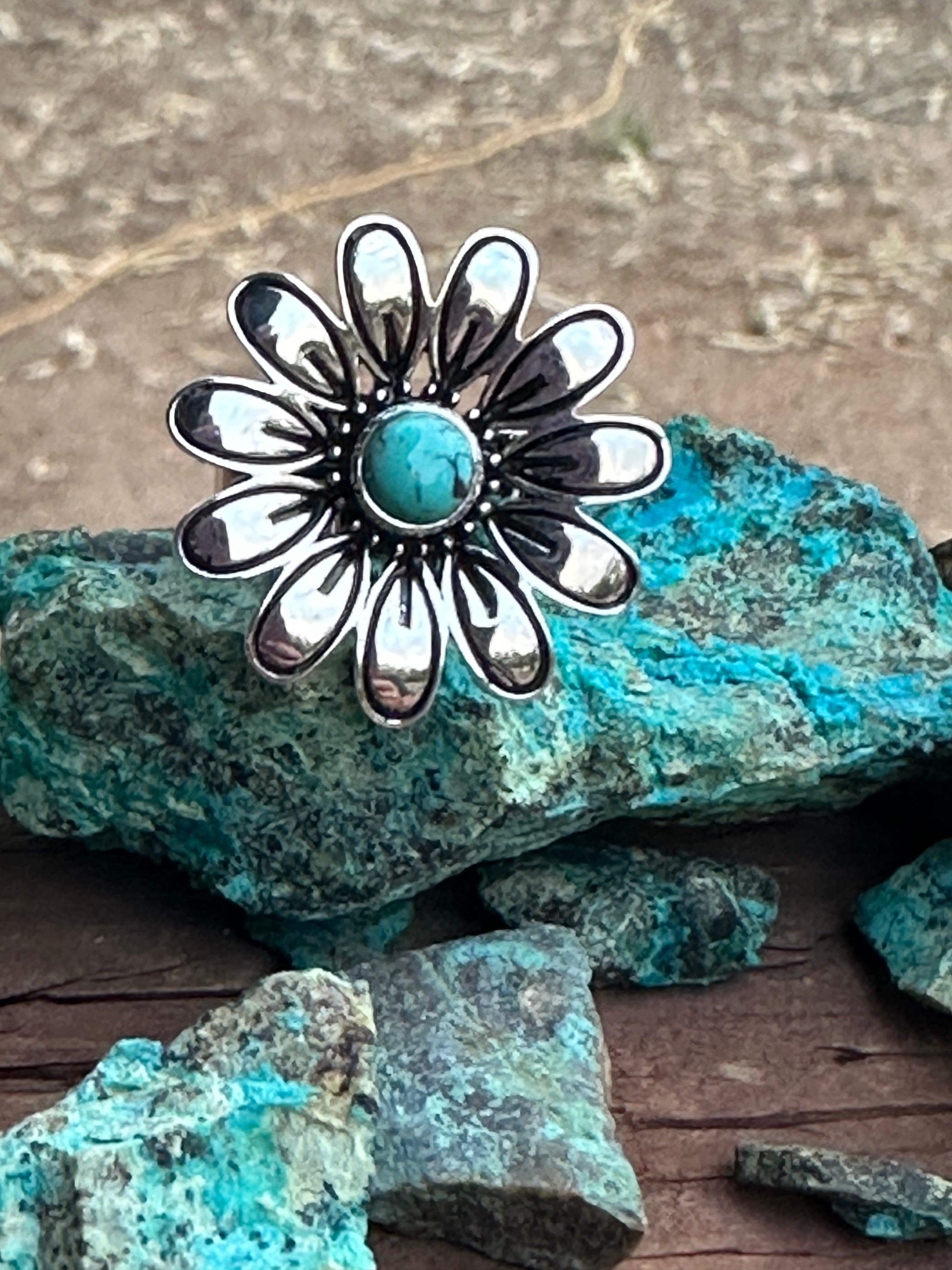 The Daisy Adjustable Turquoise and Sterling Silver Flower Ring