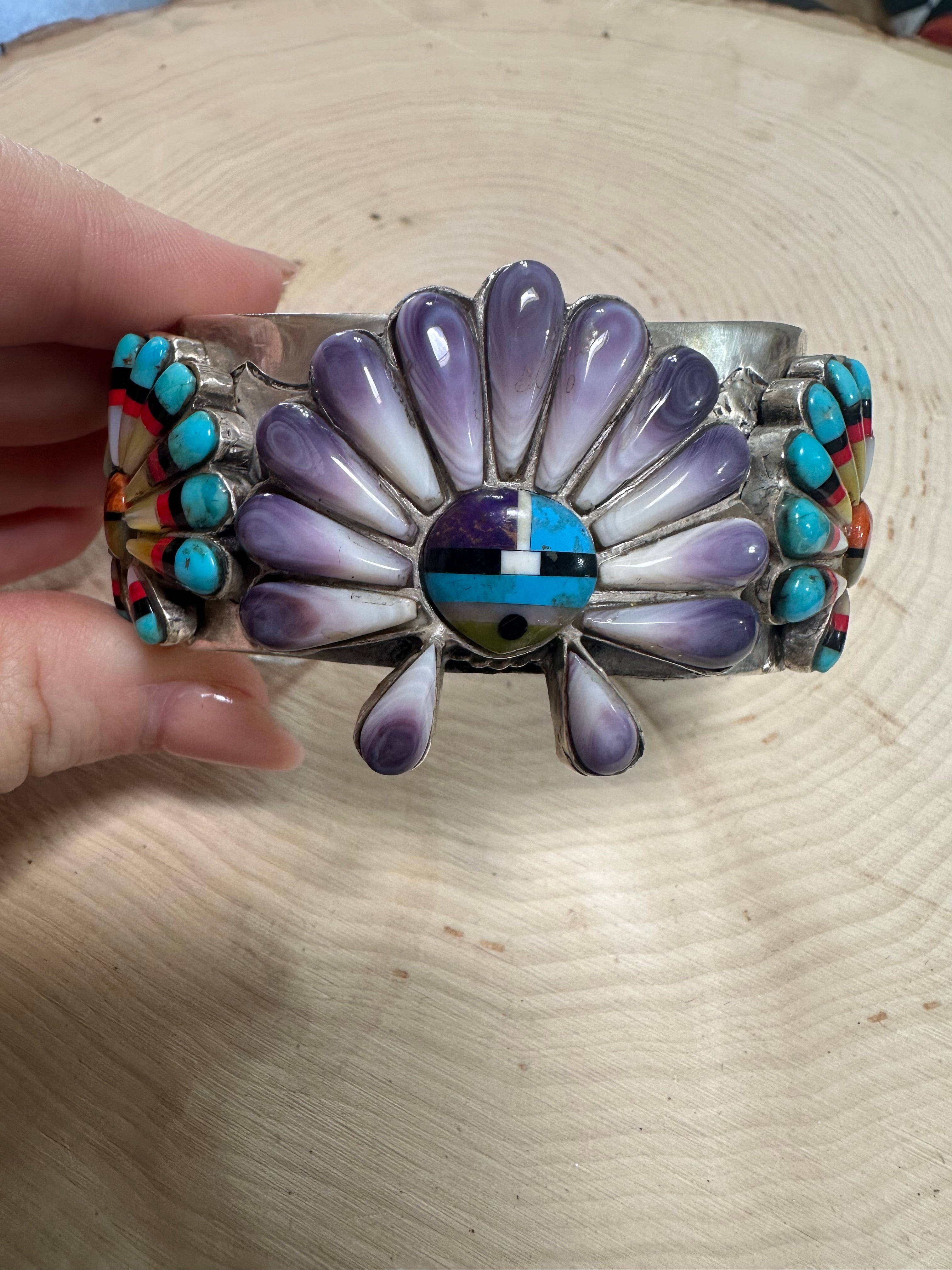 Handmade Sterling Silver Multi Stone Southwest Inlay Sunface Cuff