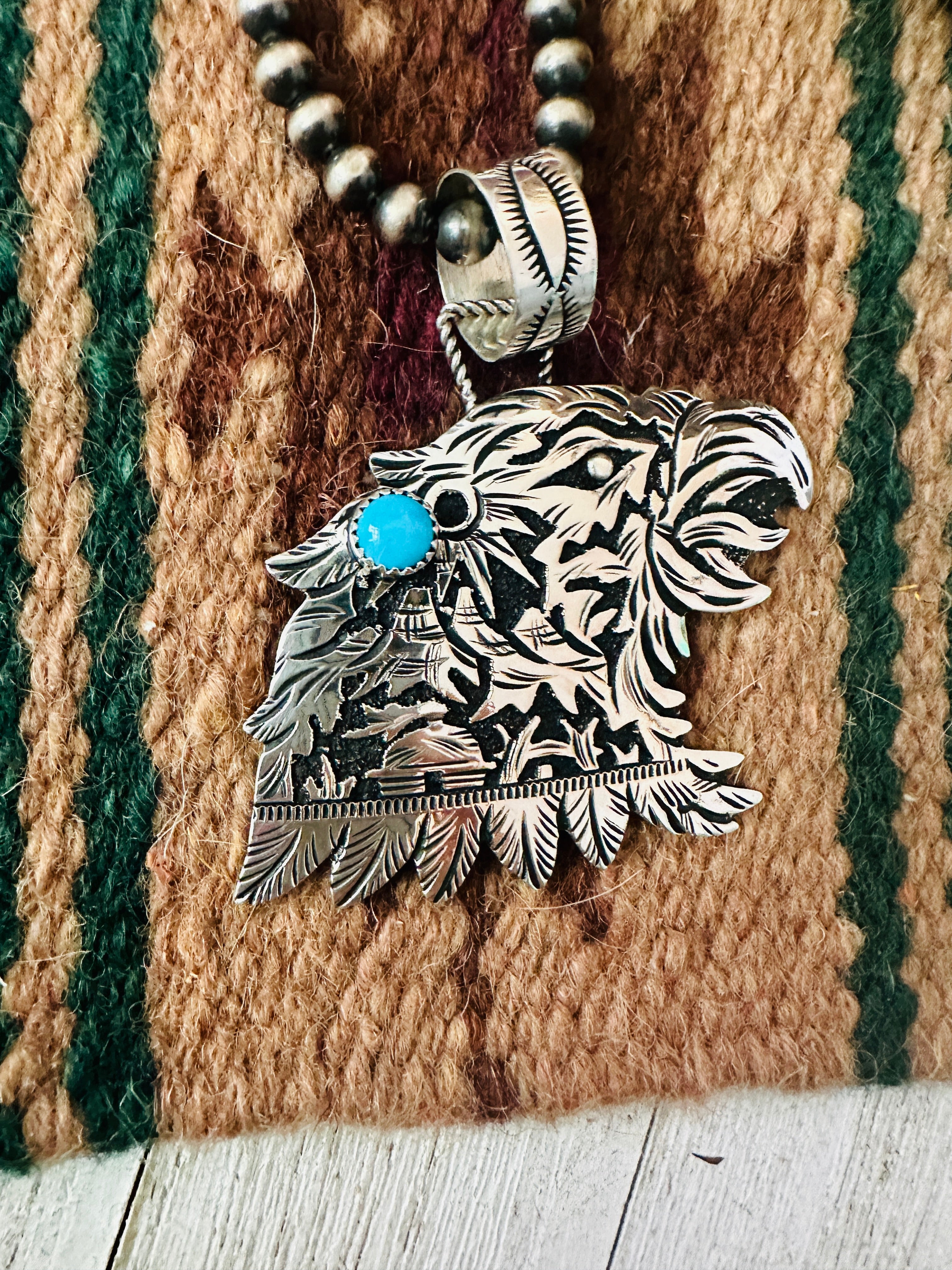 Navajo Turquoise & Sterling Silver Eagle Pendant Signed Richard Singer