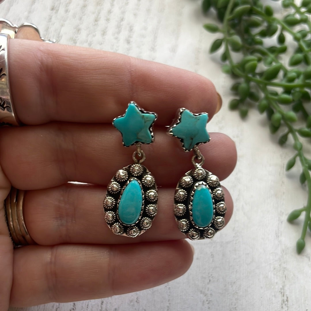 Handmade Star Sterling Silver & Turquoise Dangle Earrings Signed Nizhoni