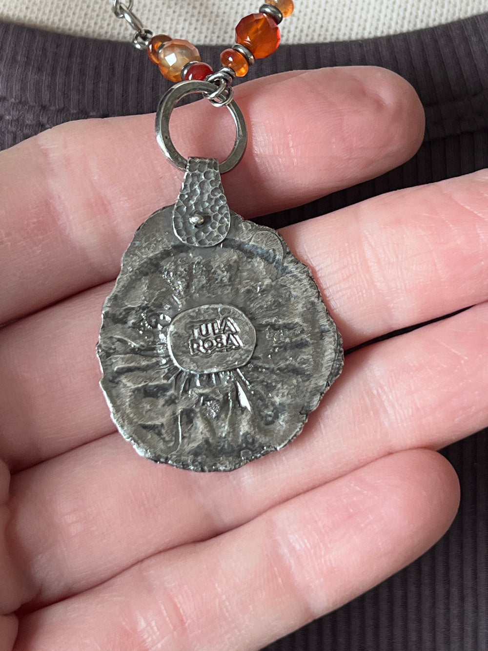 Tularosa Rosary Style Sterling Silver and Carnelian Relic Coin Necklace