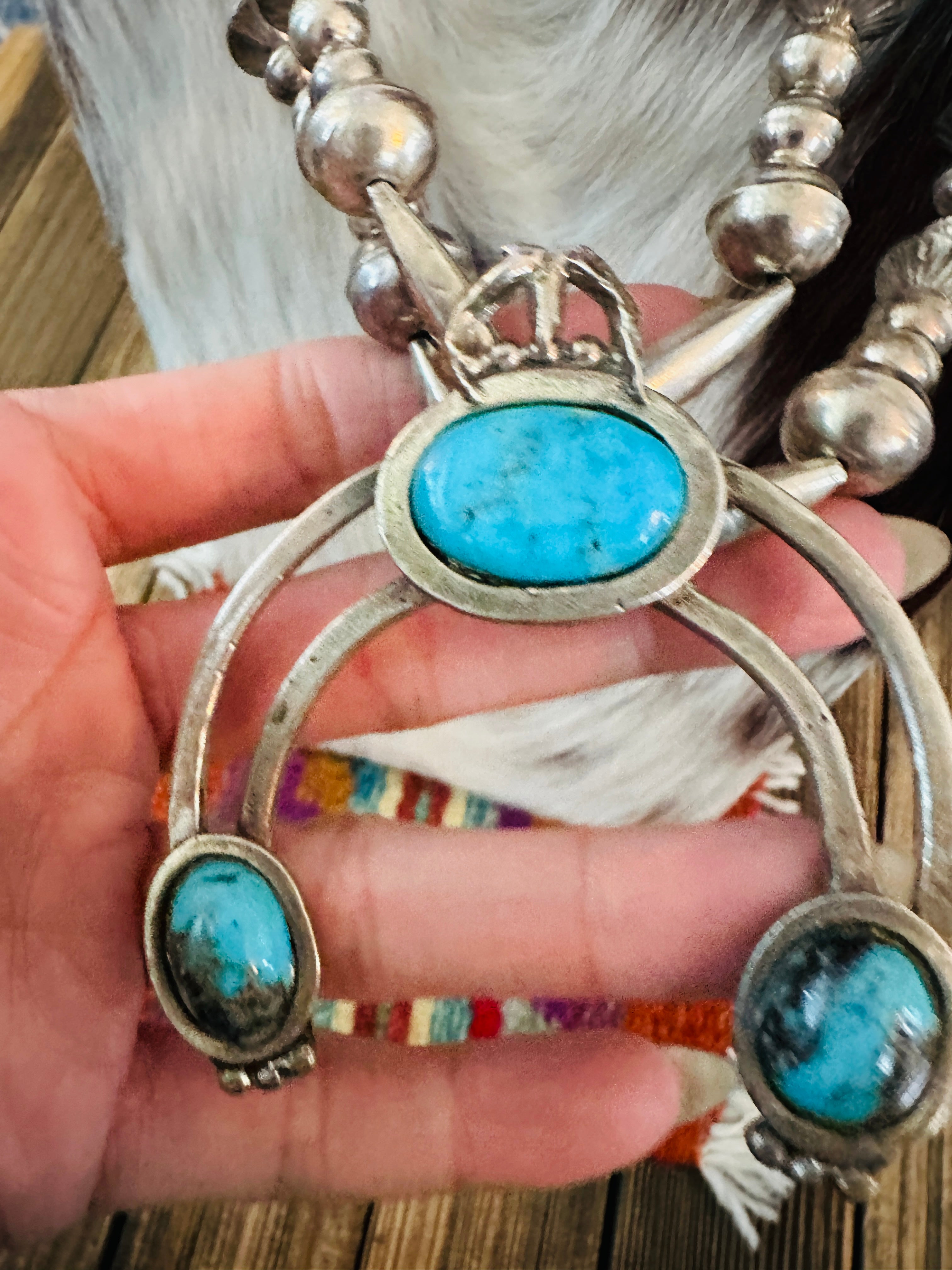 Old Pawn Handcrafted Turquoise & Sterling Silver Beaded Naja Necklace